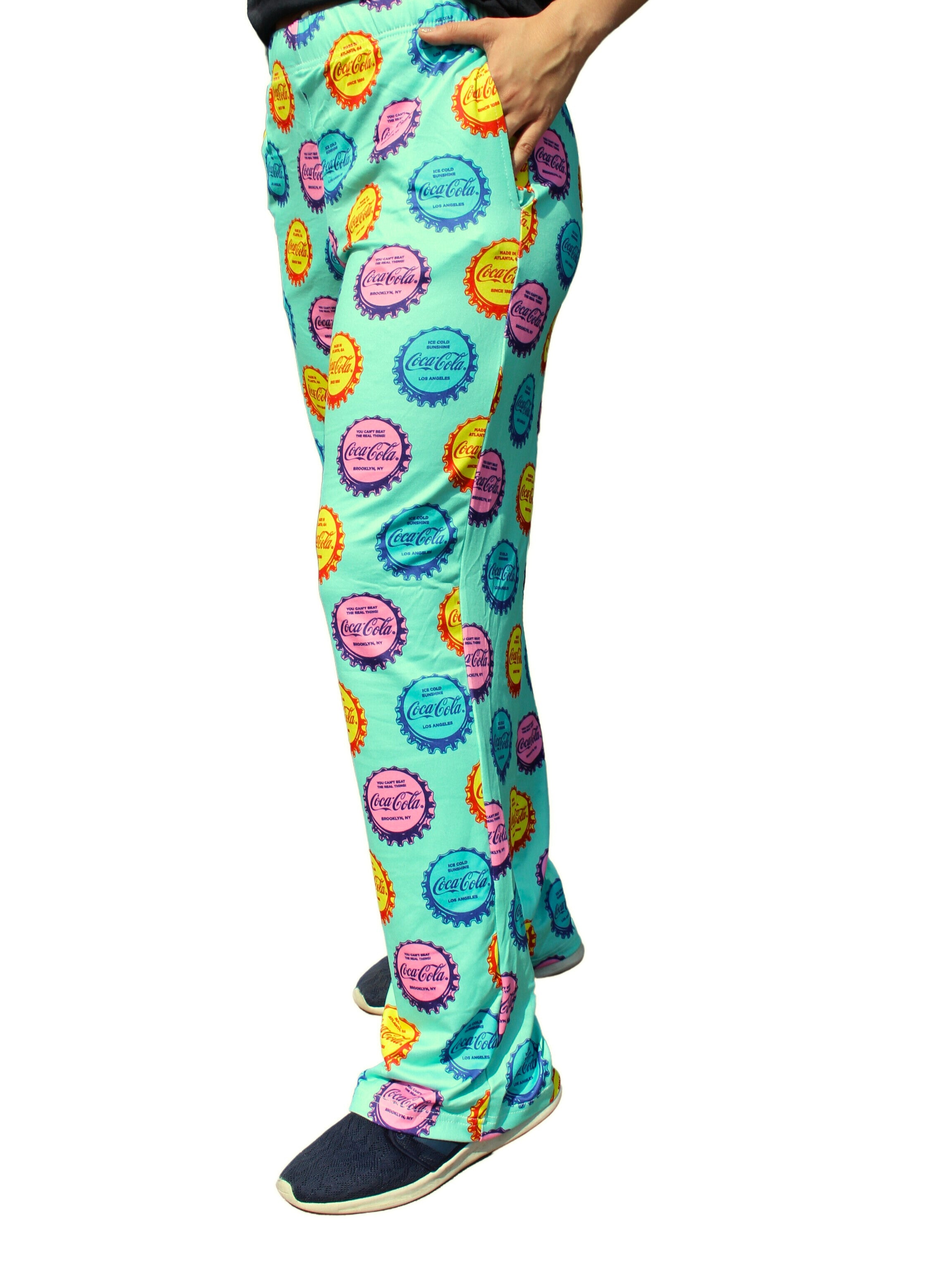 Coca-Cola Cap Pattern Pajama Lounge Pants on model left side view
