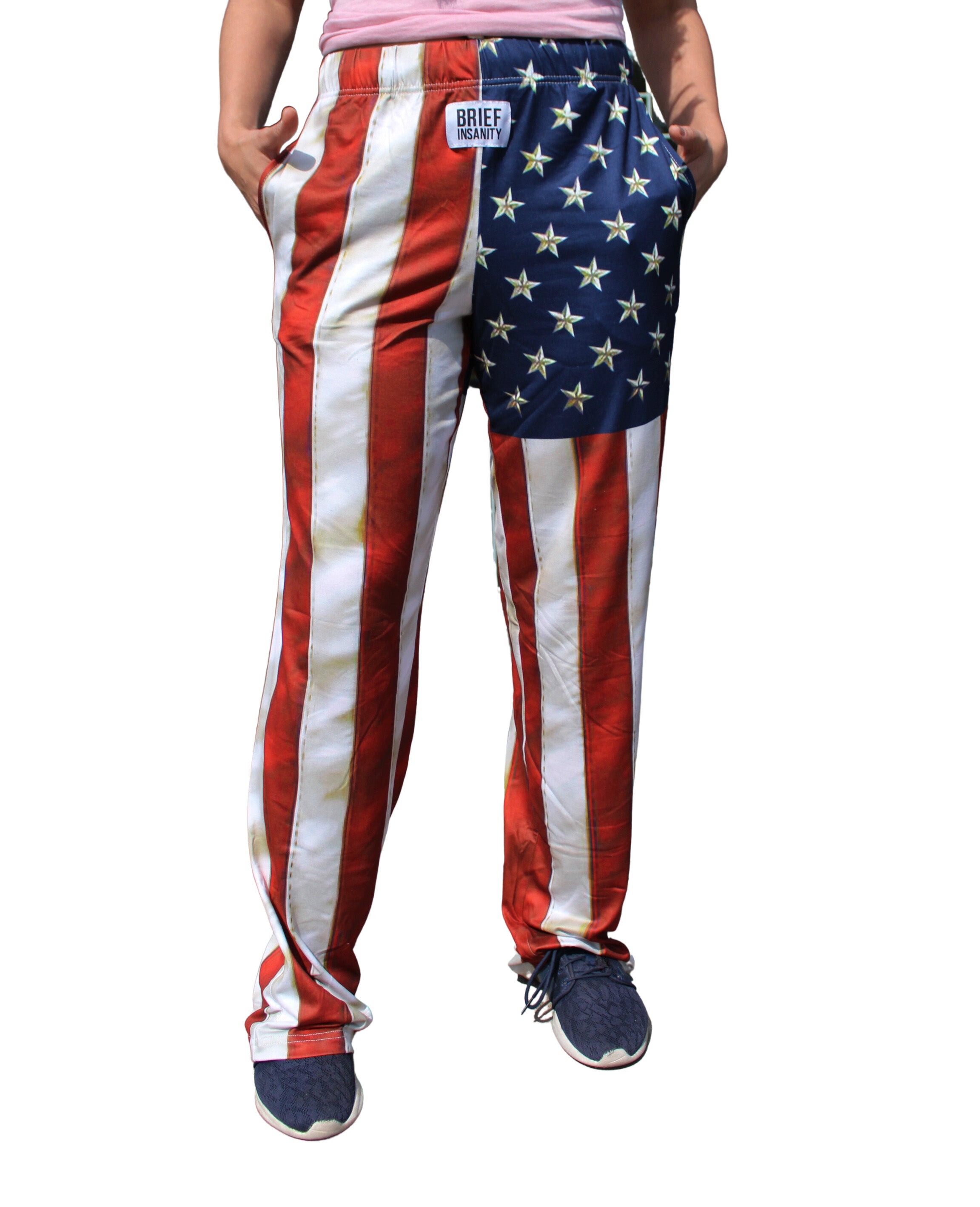 American Flag Pajama Lounge Pants full front view image on model