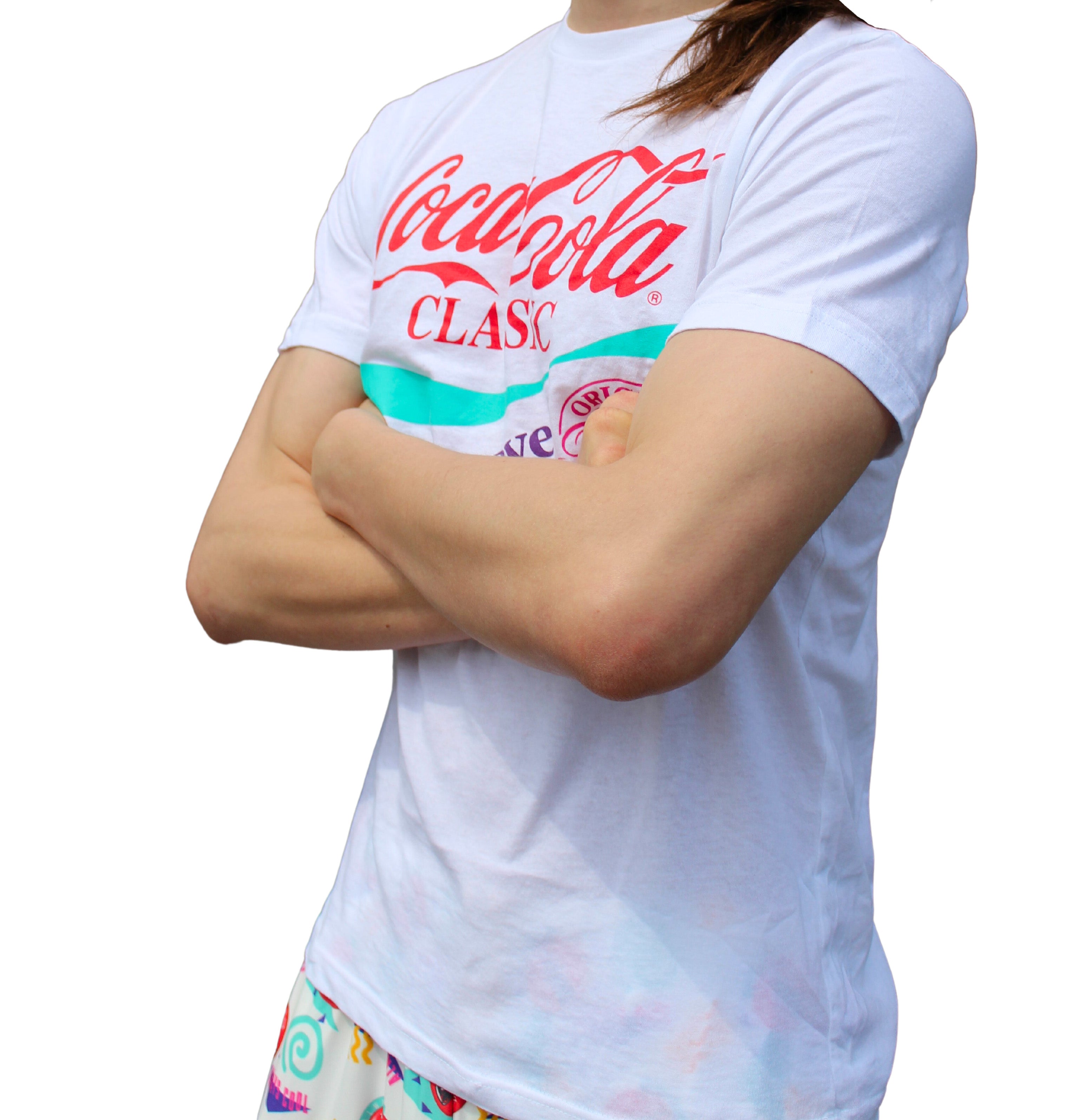 Coca Cola 90's shirt on model side angle/front view with arms crossed