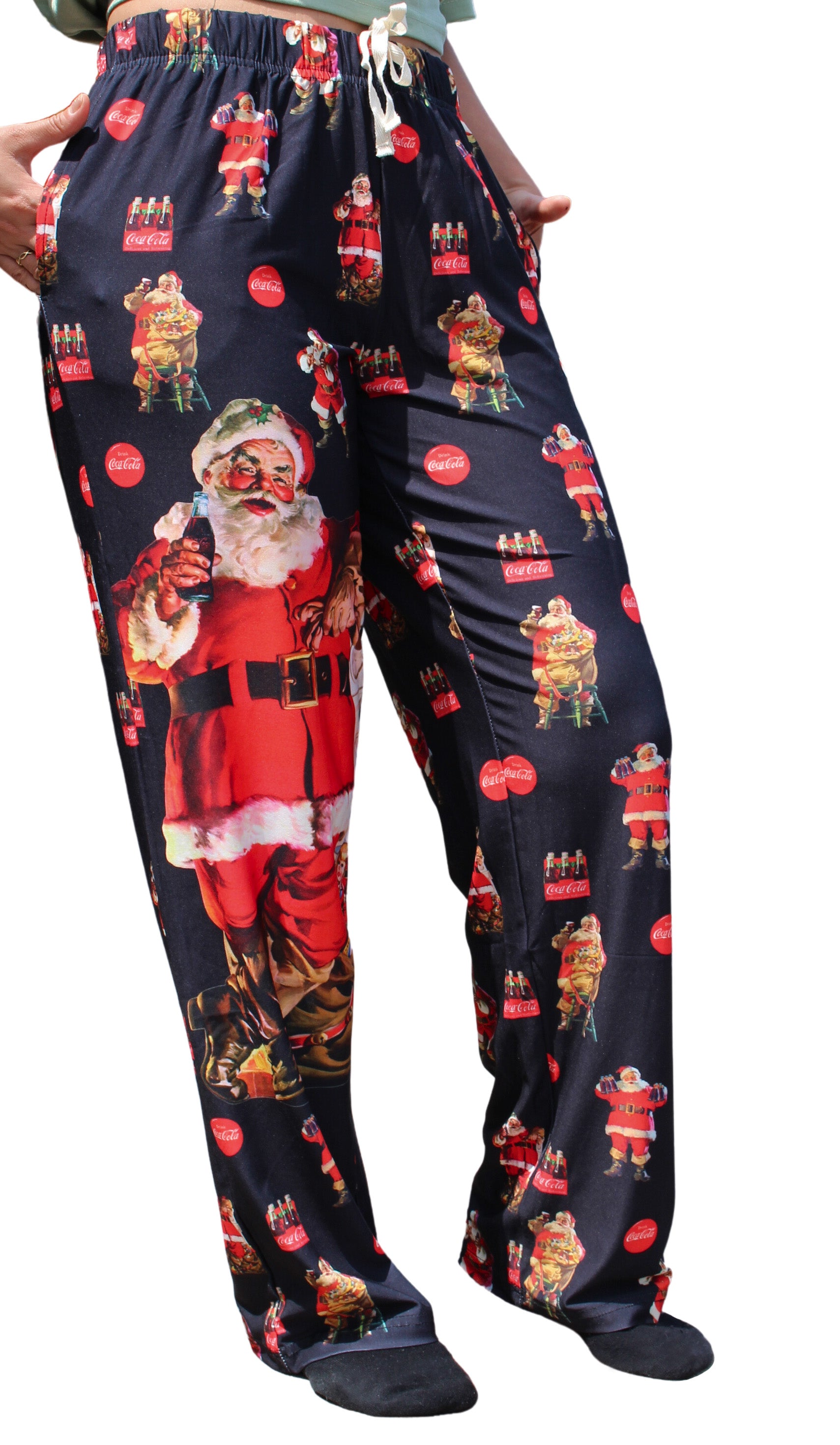 Coca-Cola Large Santa Pajama Lounge Pants on model right side view (waist down)