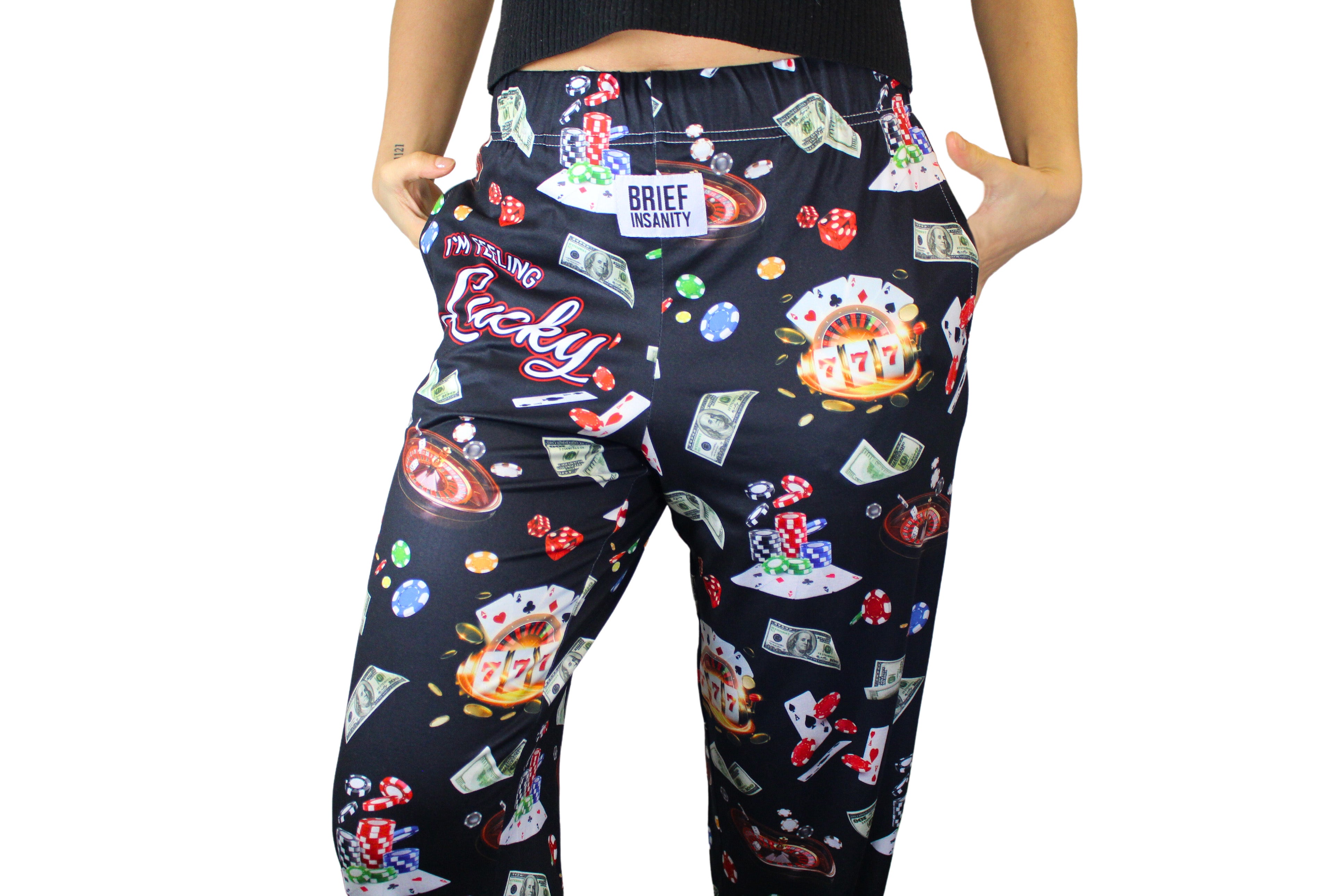 I'm Feeling Lucky pants on model close up front view shot 1