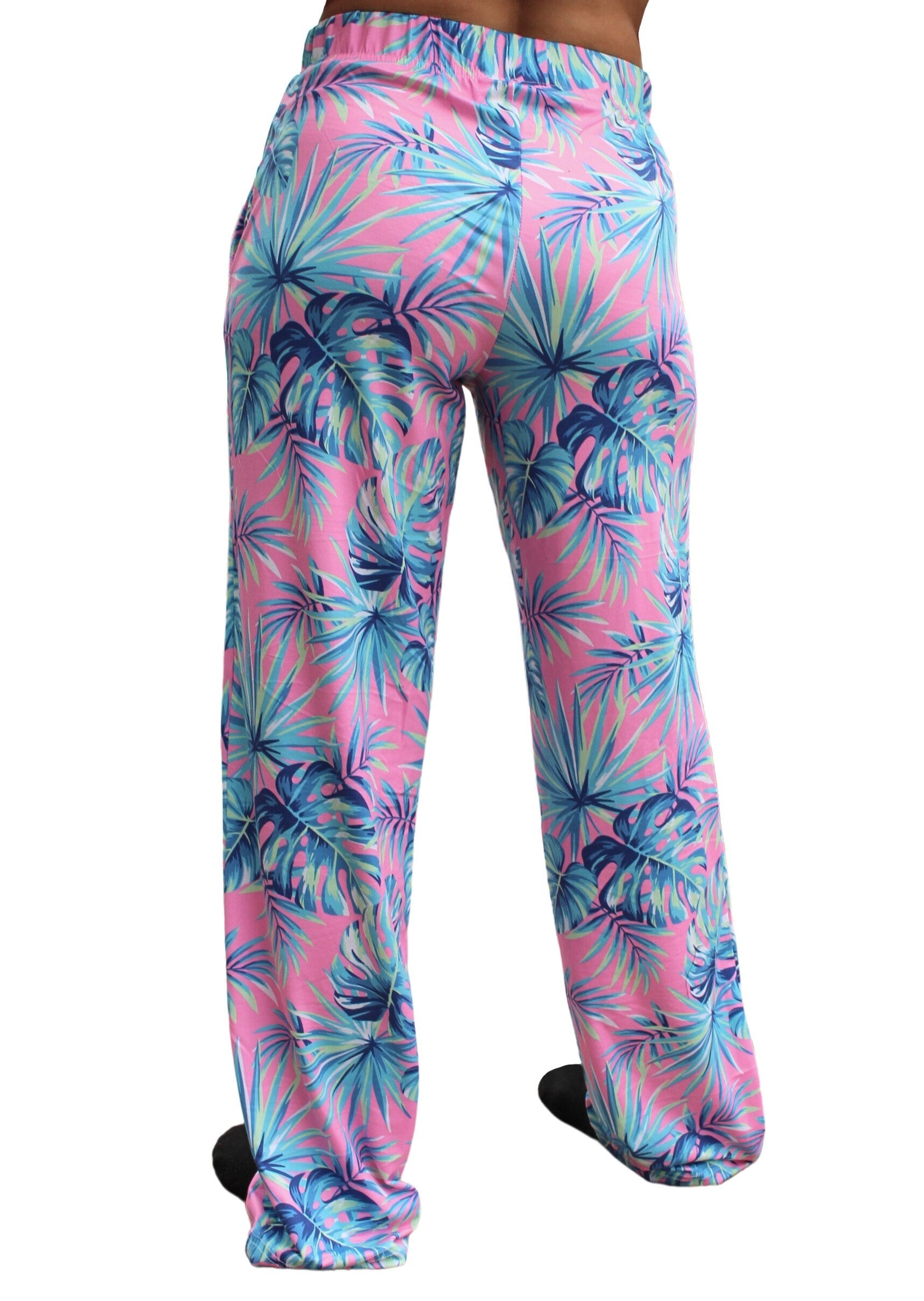 Tropical Leaf Pajama Lounge Pants back view on model (waist down)