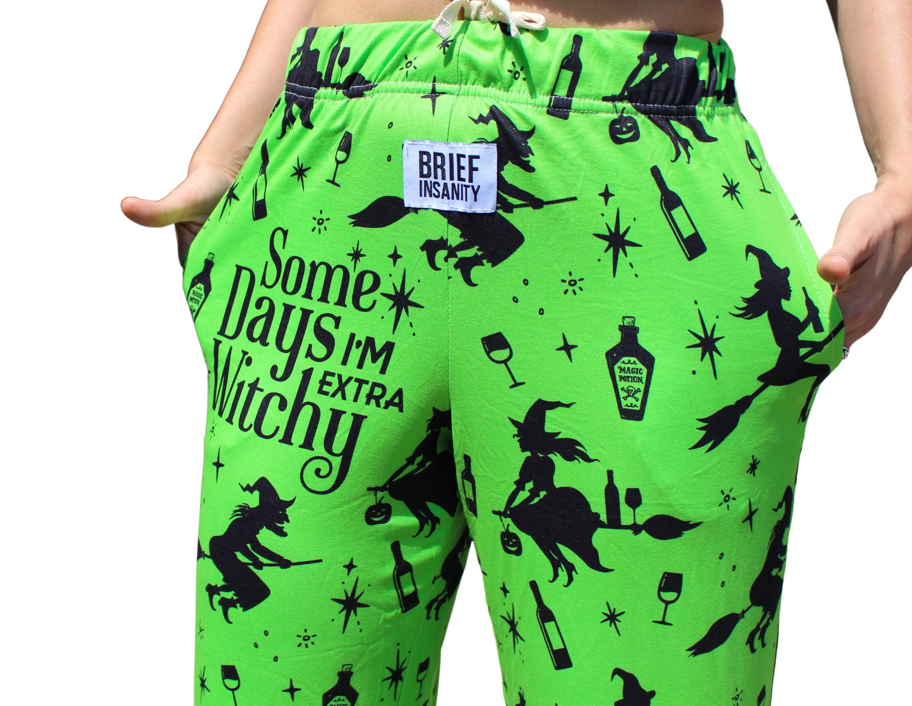 Some Days I'm Witchy pajama lounge pants close up of first front half of pants (on model waist down)
