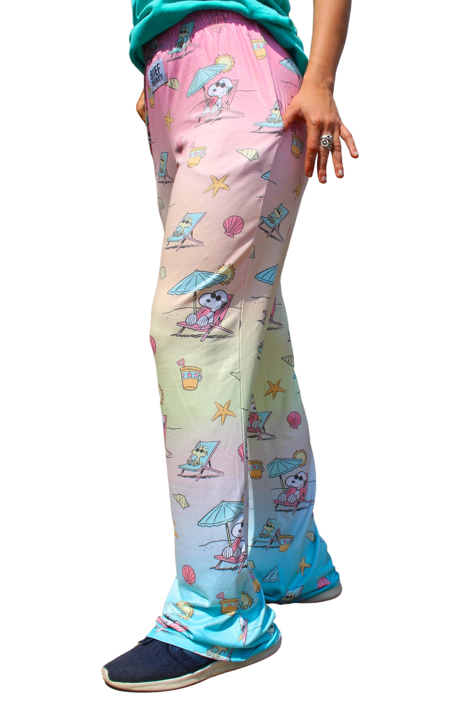Person wearing BRIEF INSANITY Snoopy Beach Pajama Lounge Pants