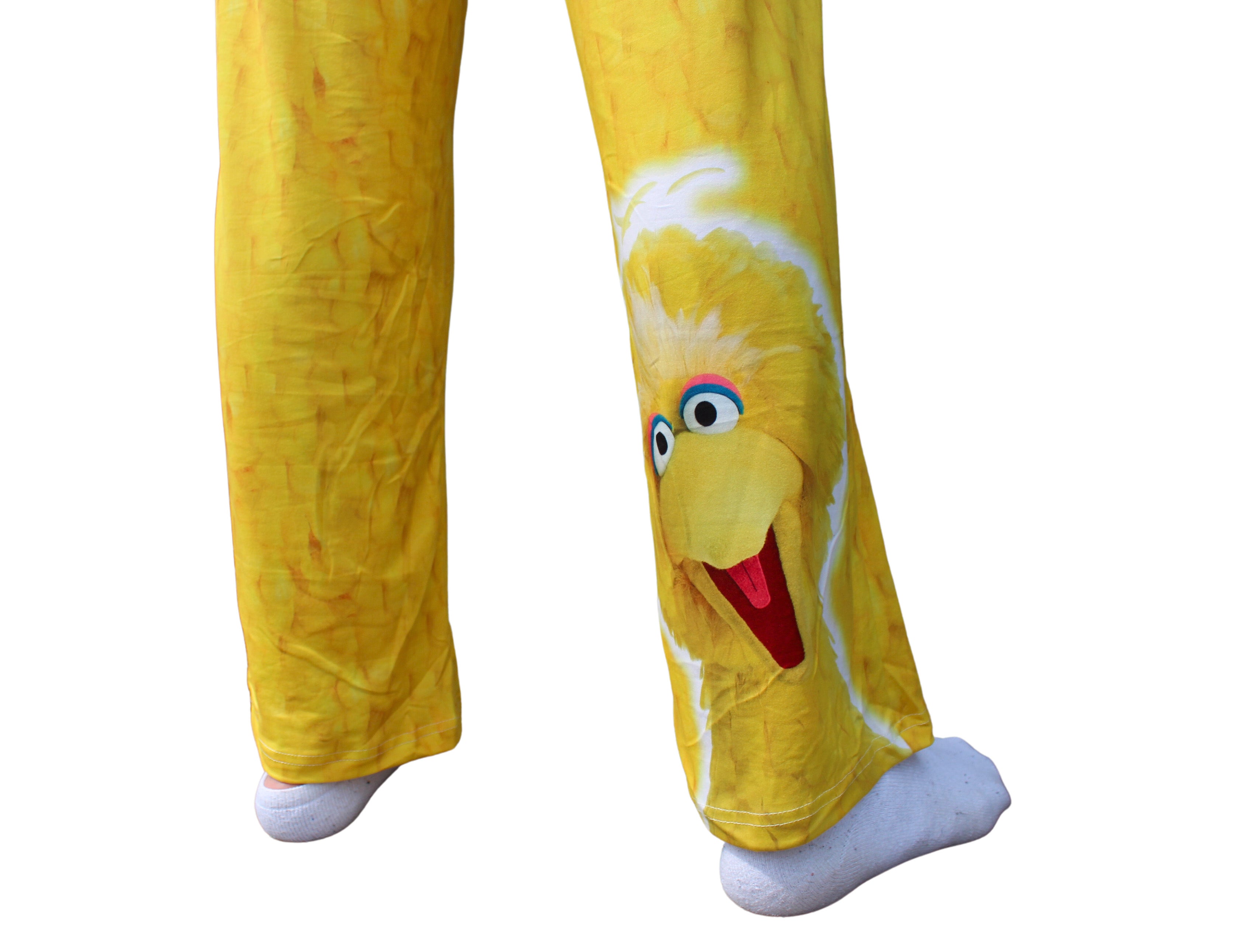 Sesame Street Big Bird Pajama Lounge Pants on model close up view of bottom back side of pants showing big bird graphic at bottom