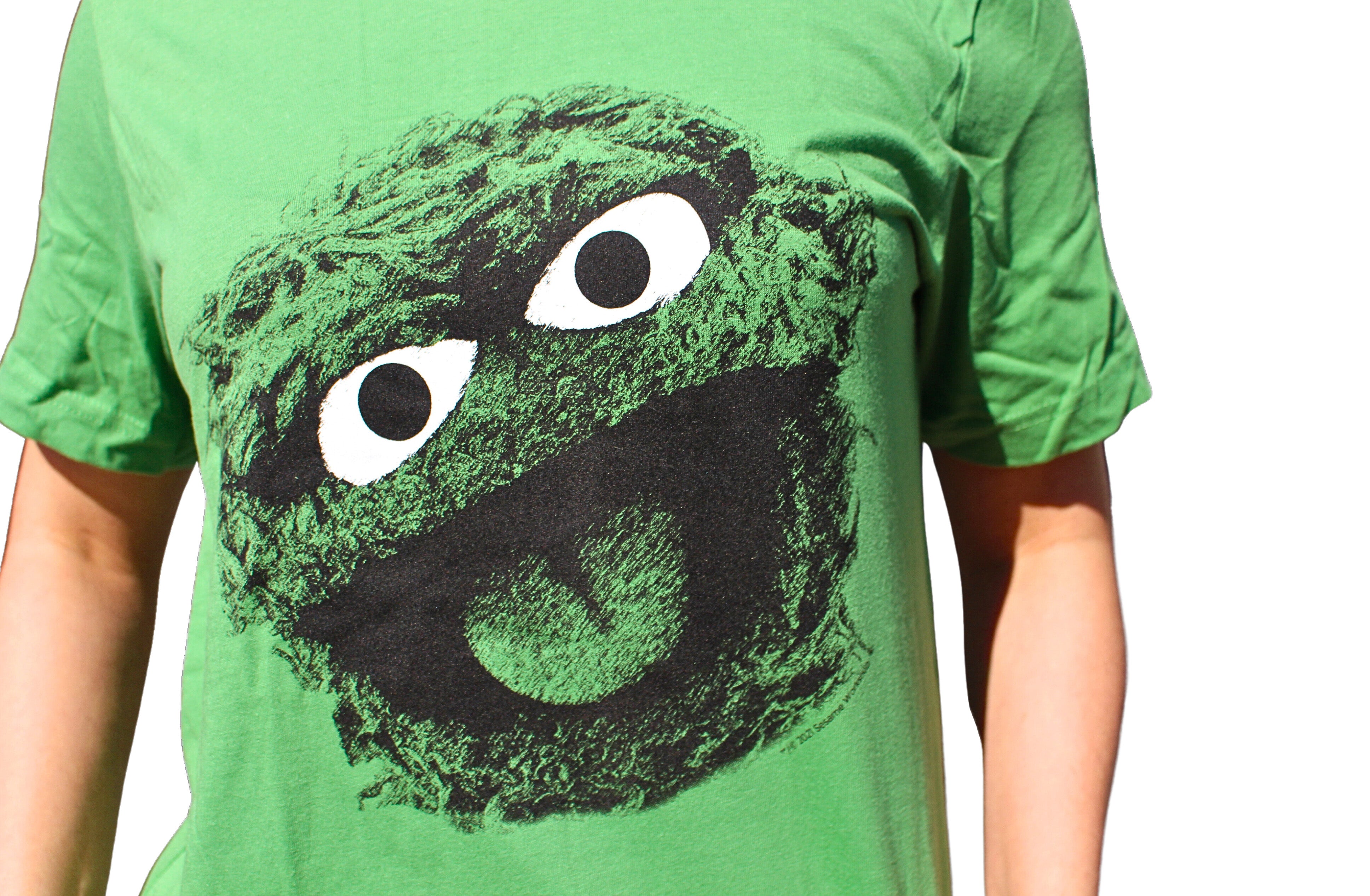 Sesame Street Oscar The Grouch shirt on model front view close up