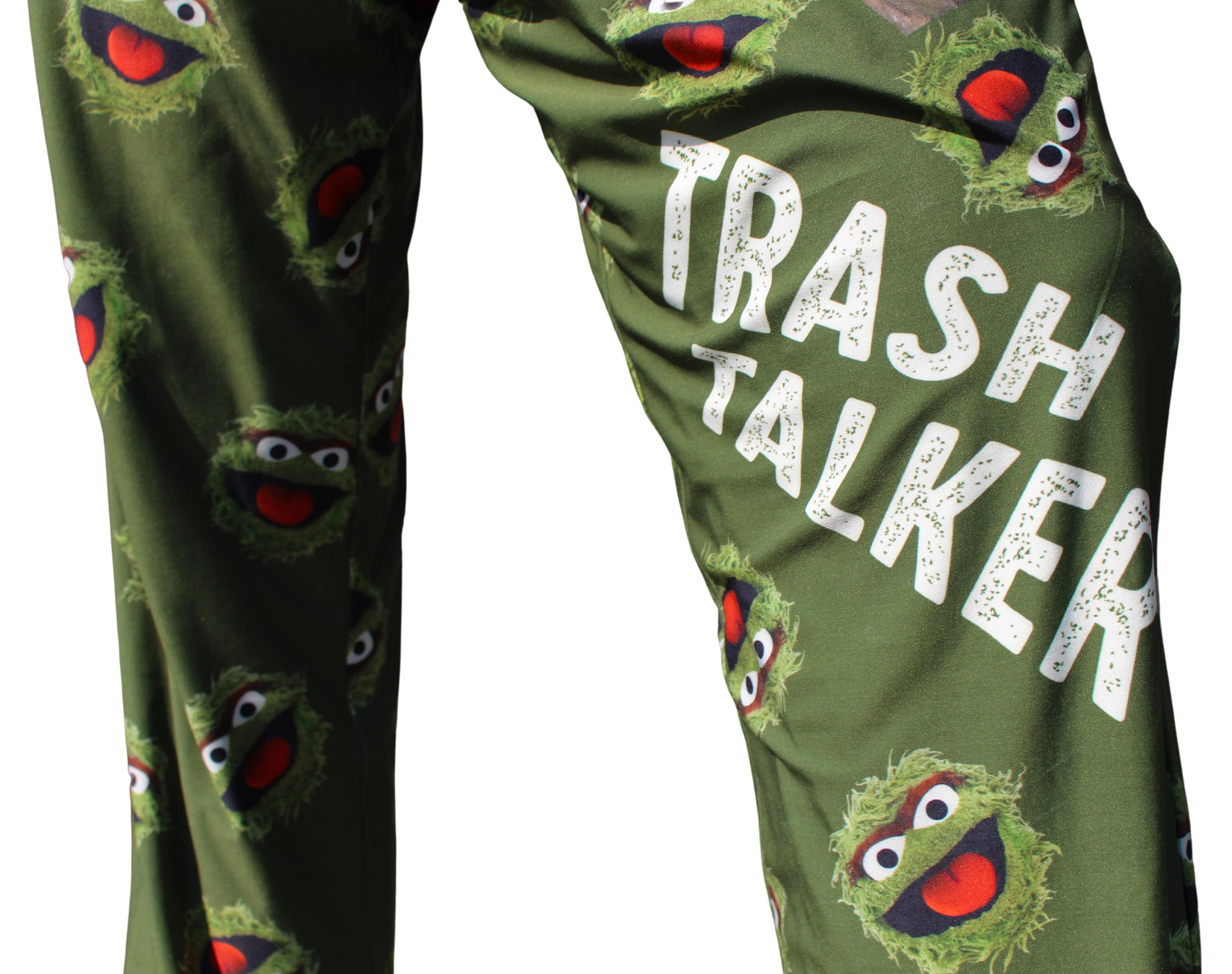 Trash Talker Pajama Lounge Pants close up of "trash talker" text on left pant leg