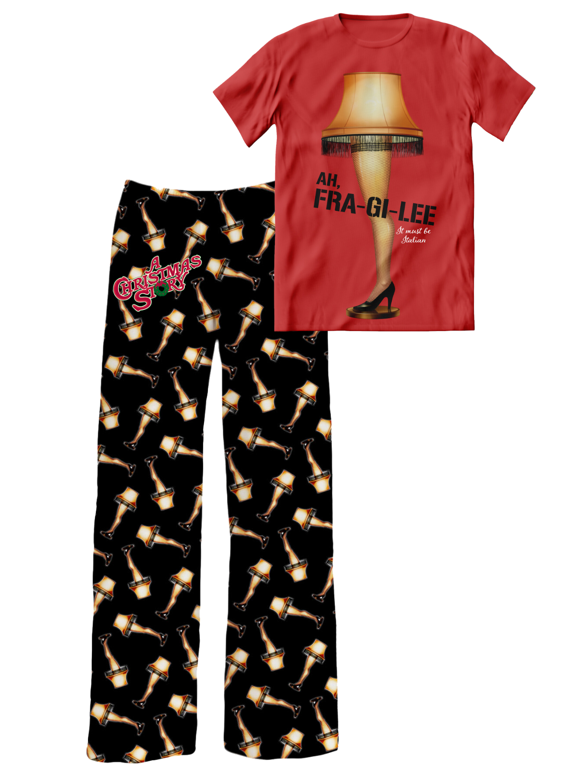 A Christmas Story movie-themed pajama set by Brief Insanity, featuring a red sleep shirt with the famous Leg Lamp and quote "It Must Be Italian" and matching black pajama pants with a pattern of small leg lamp graphics.