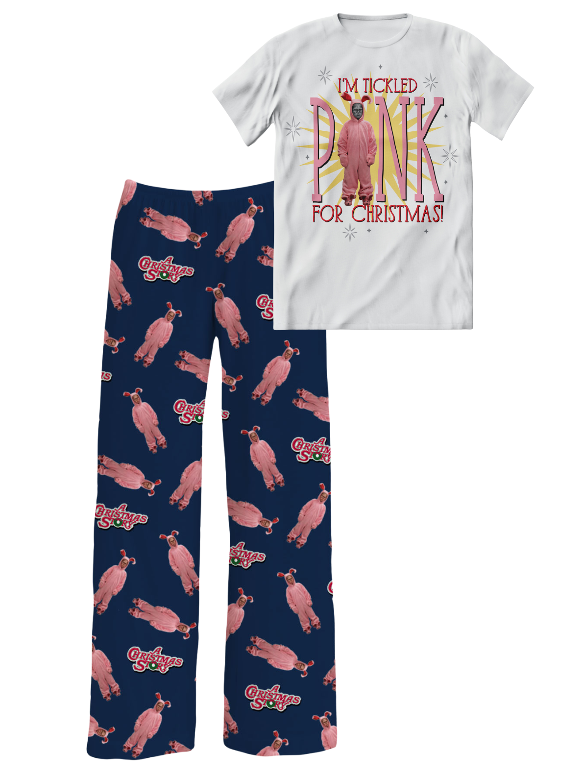 A Christmas Story movie-themed pajama set by Brief Insanity, featuring a white sleep shirt with the famous quote "I'm Tickled Pink for Christmas" featuring Ralphie in a pink bunny suit and matching blue pajama pants with a pattern of Ralphie in a pink bunny suit.