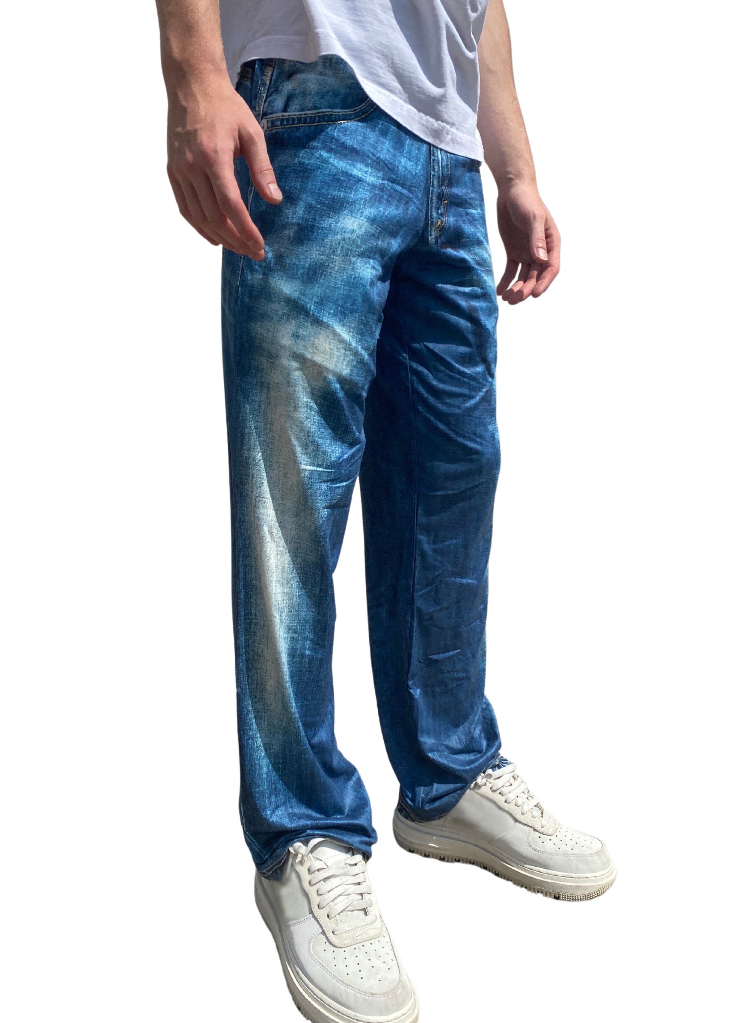 Blue Jeans Pajama Lounge Pants right side view on model (waist down)