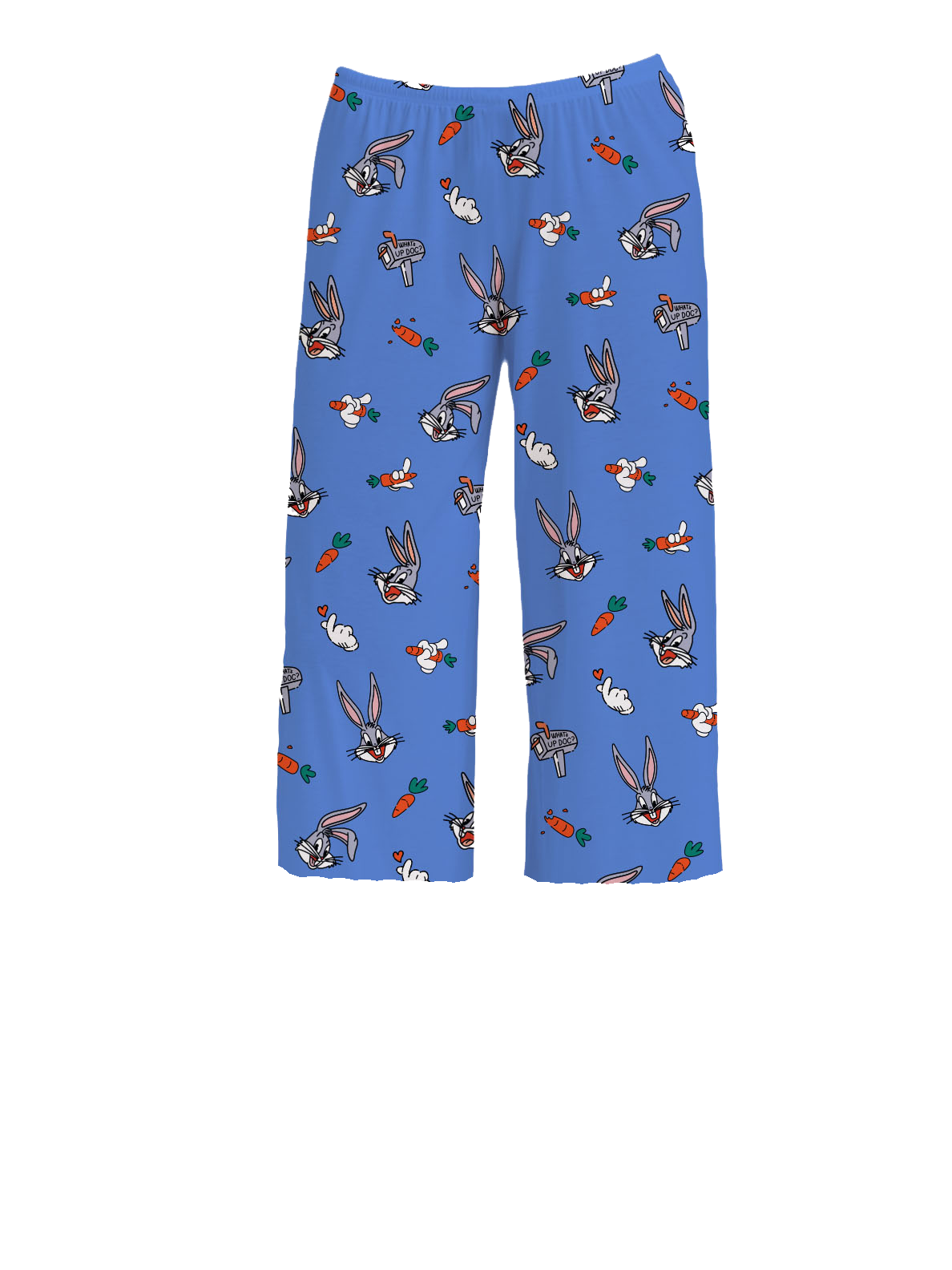 Briefly Kids Bugs Bunny Blue Pajama Pants featuring playful all-over prints of Bugs Bunny, carrots, and Looney Tunes-themed graphics on a vibrant blue background – Warner Bros. Discovery.