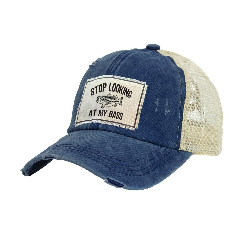 BRIEF INSANITY Stop Looking At My Bass Vintage Distressed Trucker Adult Hat