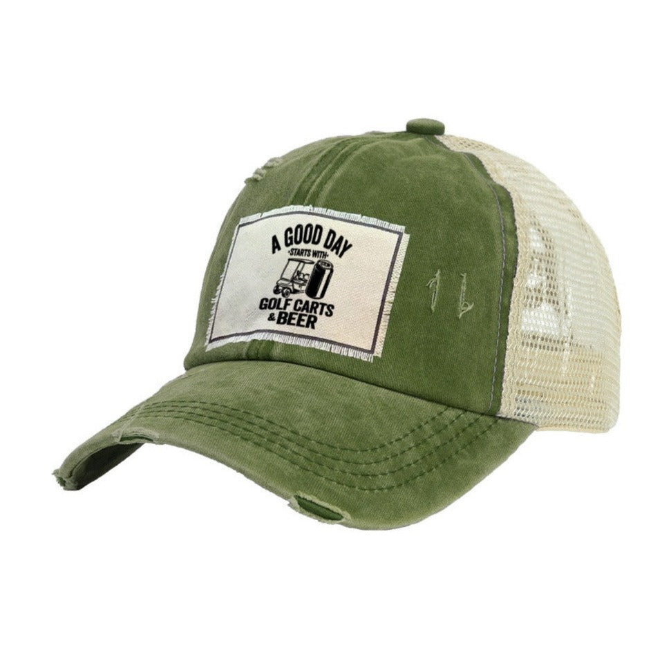 BRIEF INSANITY A Good Day Starts With Gold Carts & Beer Vintage Distressed Trucker Adult Hat