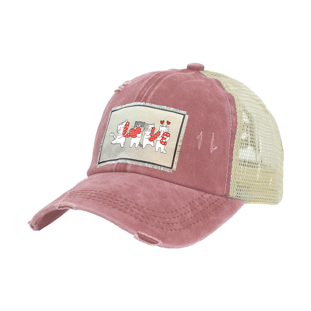 BRIEF INSANITY Love Cats Vintage Distressed Trucker Adult Hat