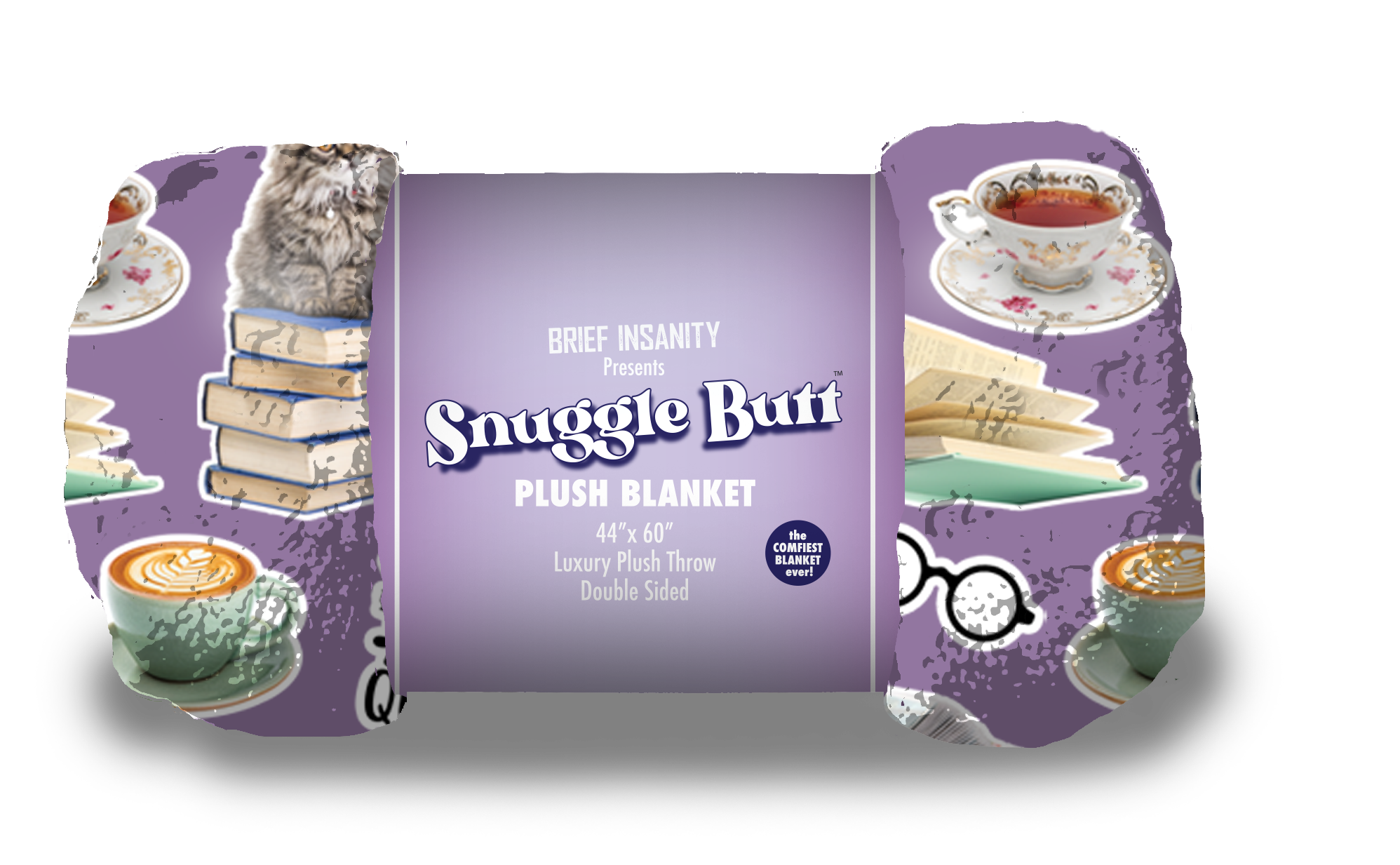 BRIEF INSANITY's Cats & Books Throw Blanket Rolled