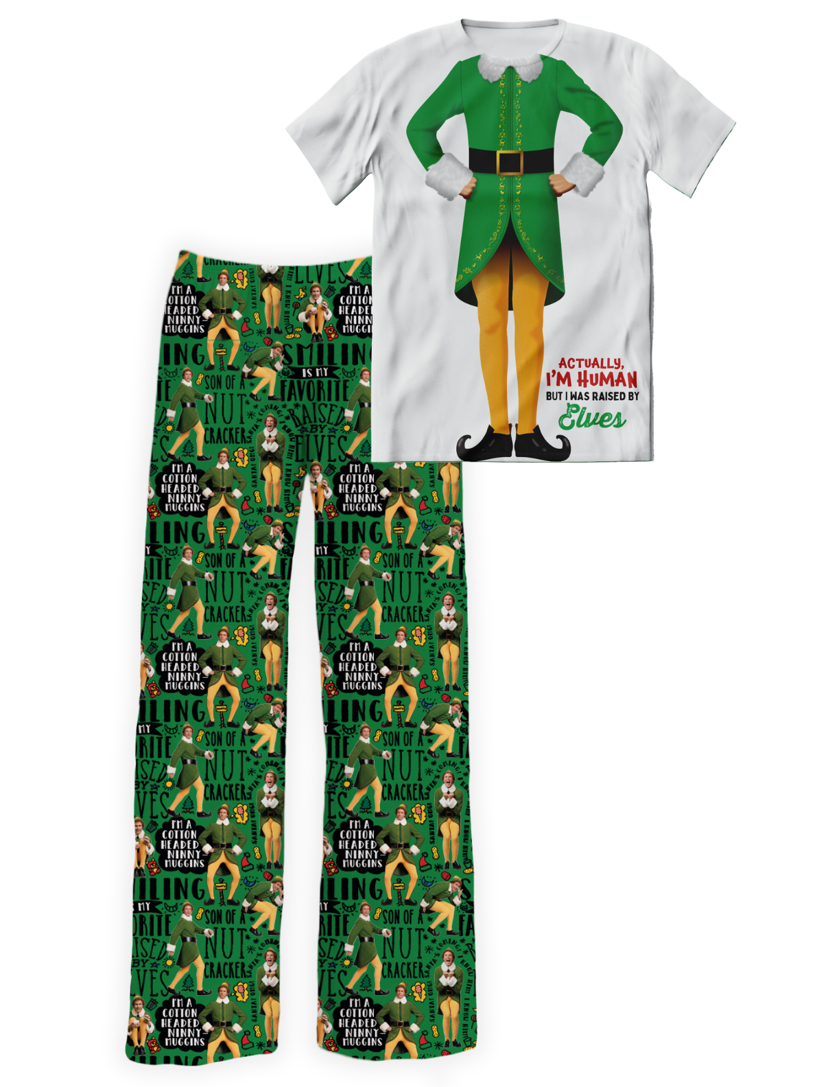 Elf movie-themed pajama set by Brief Insanity, featuring a white sleep shirt with green elf outfit graphic and matching green pajama pants with quotes and characters from the Elf movie.