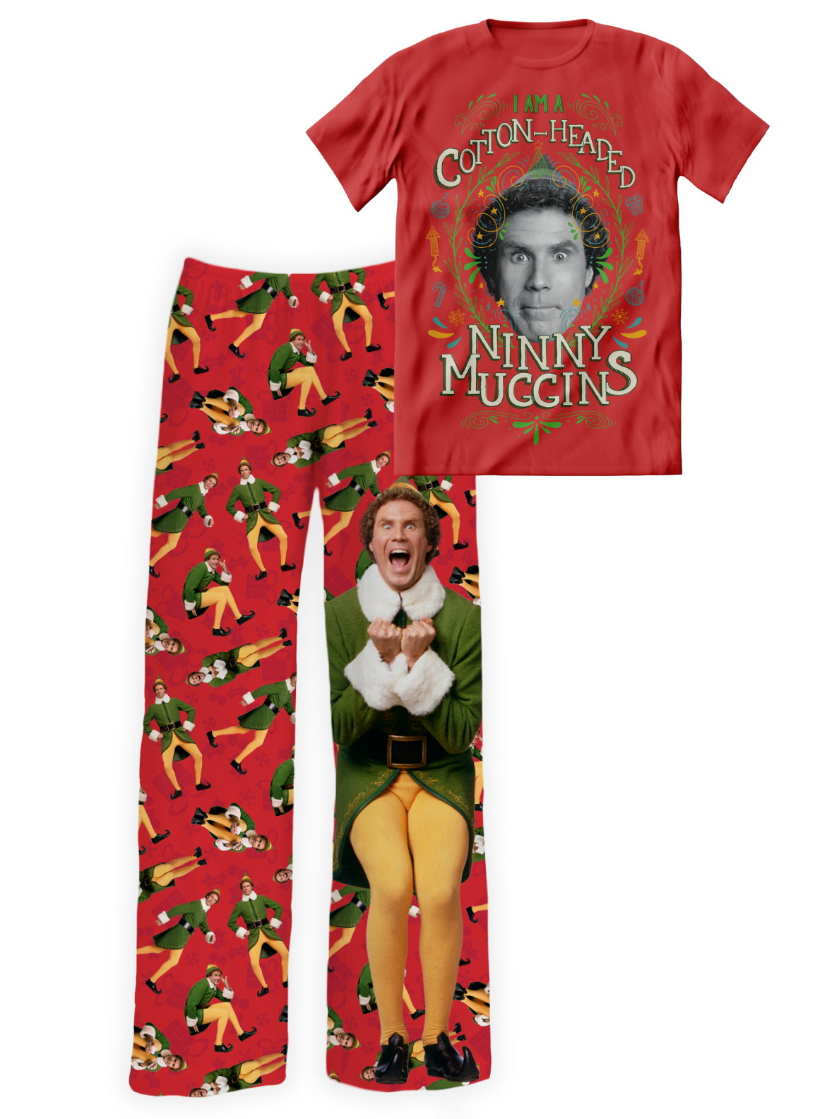 Cotton-Headed Ninny Muggins Elf movie pajama set by Brief Insanity, with a red sleep shirt featuring Buddy the Elf’s face and matching red pajama pants with Elf movie characters.