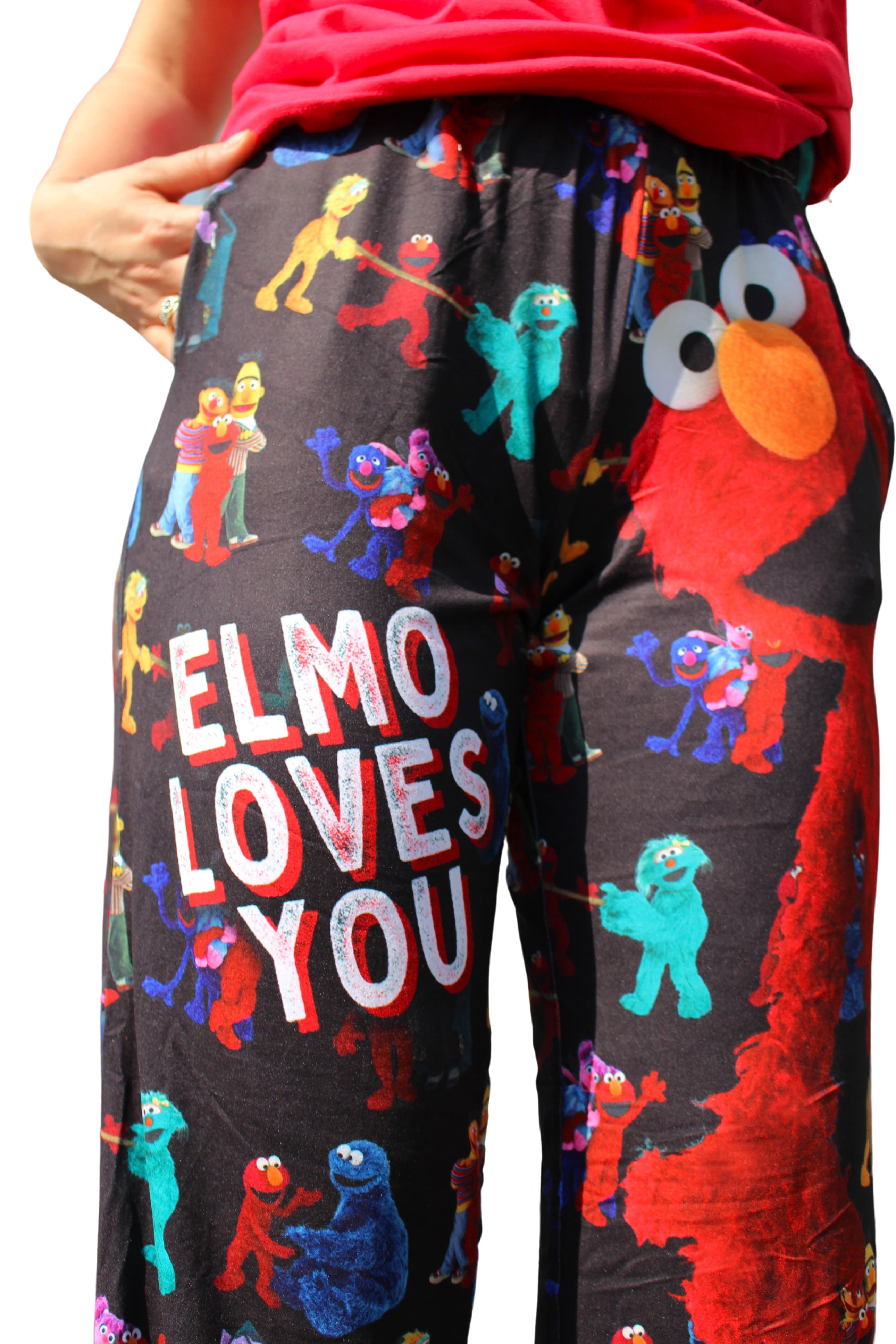 Sesame Street Elmo pants on model close up front view