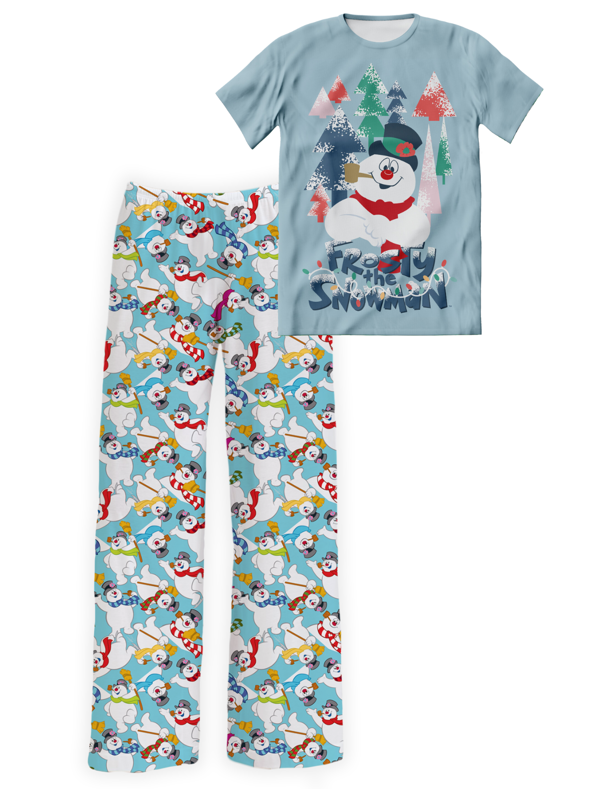 Frosty the Snowman movie-themed pajama set by Brief Insanity, featuring a blue sleep shirt a big Frosty the Snowman graphic and matching blue pajama pants with a pattern of small Frosty the Snowman graphics wearing different colored scarfs.