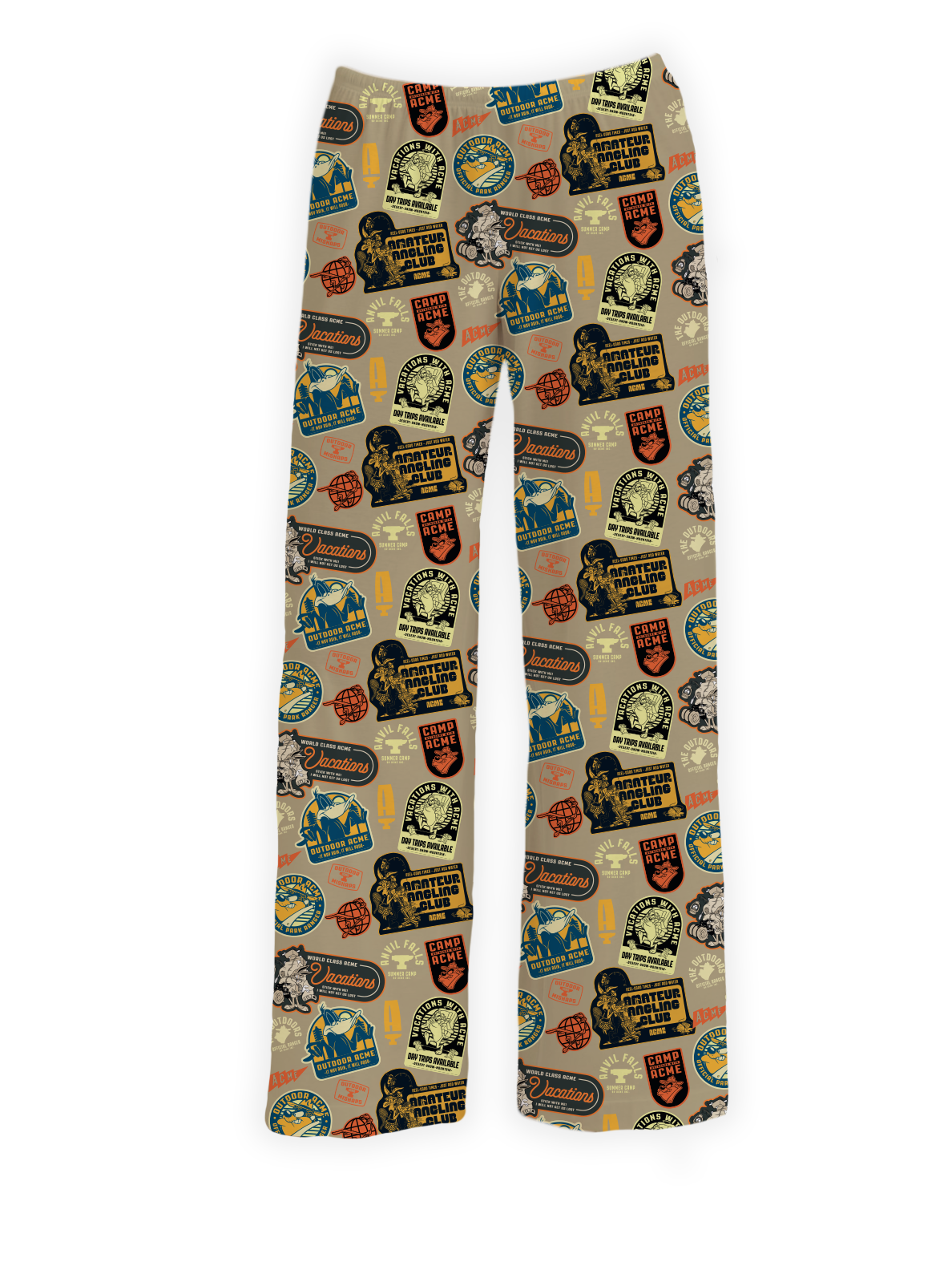 Looney Tunes Camping Pajama Pants featuring colorful outdoor-themed patches and character designs on a tan background – Warner Bros. Discovery.