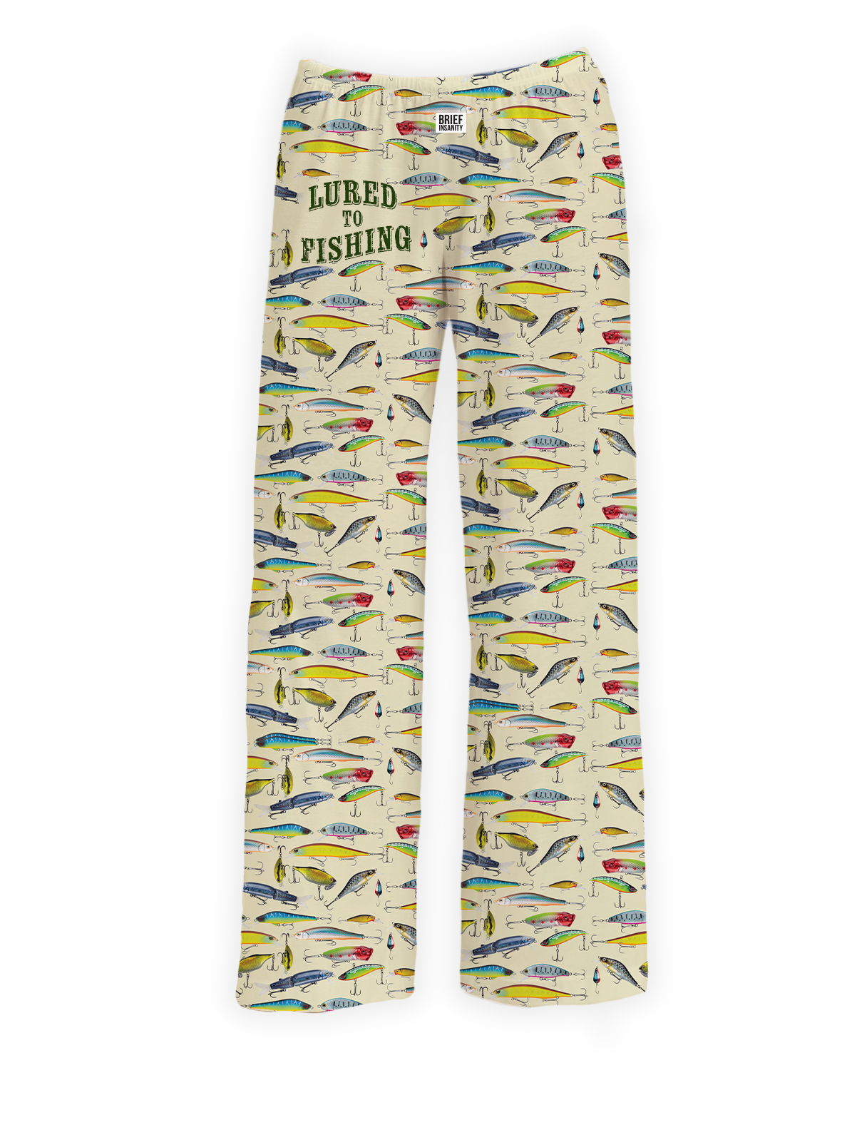 Lured to Fishing Pajama Pants – Comfortable beige pajama pants featuring a colorful fishing lure pattern with 'Lured to Fishing' text. Perfect for fishing enthusiasts and outdoor lovers.
