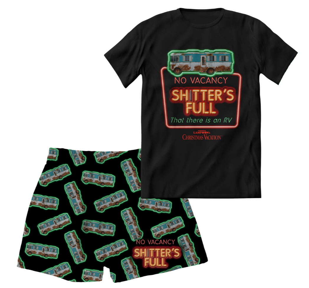 National Lampoon's Christmas movie-themed pajama set by Brief Insanity, featuring a black sleep shirt with neon the neon text "No Vacancy Shitter's Full That there is an RV" and matching black boxer shorts with a pattern of RV's outlined in neon and the text on the lower left leg "No Vacancy Shitter's Full"