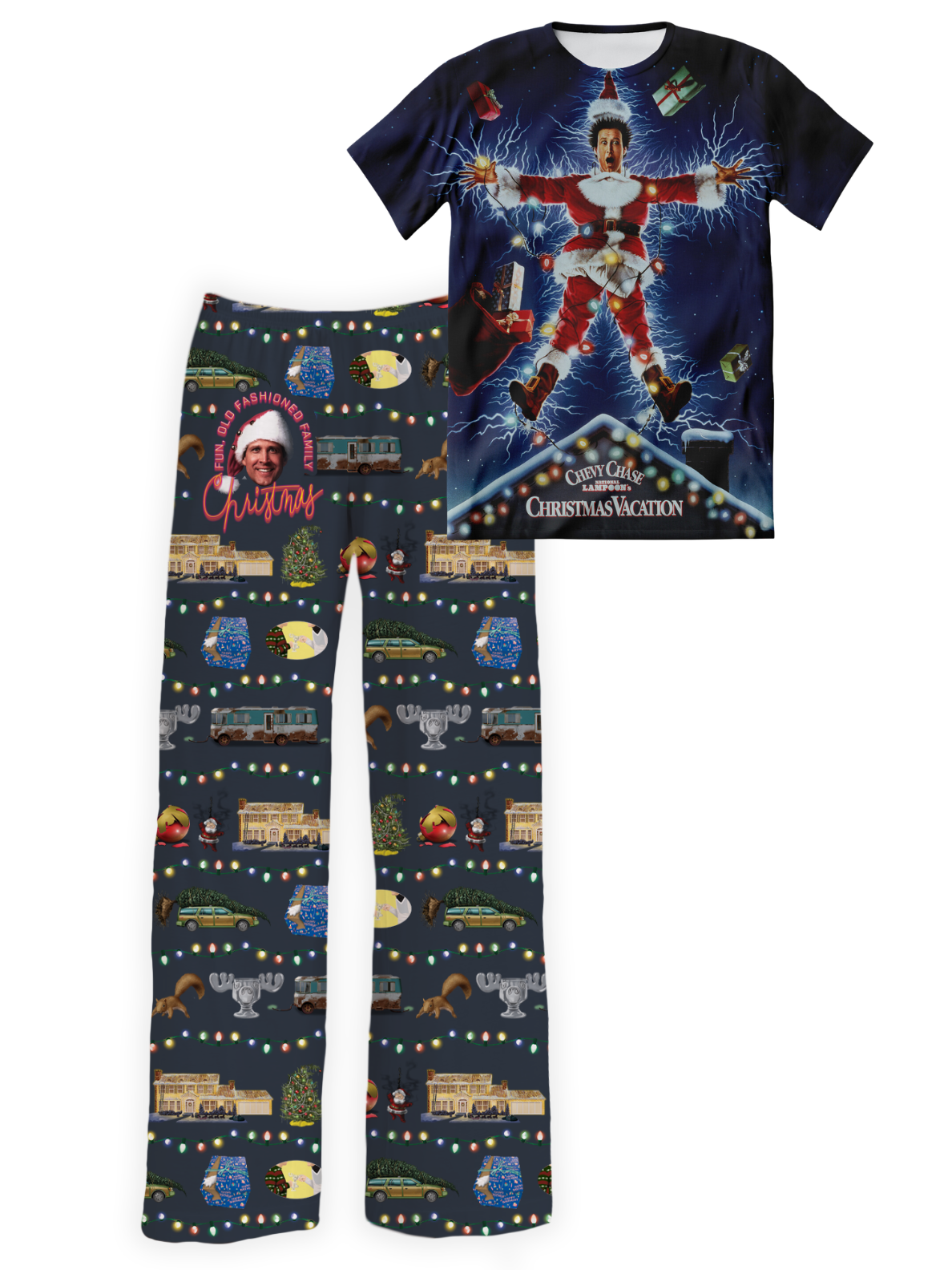 National Lampoon's Christmas movie-themed pajama set by Brief Insanity, featuring a navy blue sleep shirt with a graphic of Clark Griswold in his Santa suite getting shocked by Christmas lights and matching navy blue pajama pants with a pattern of memorable icons from the movie.
