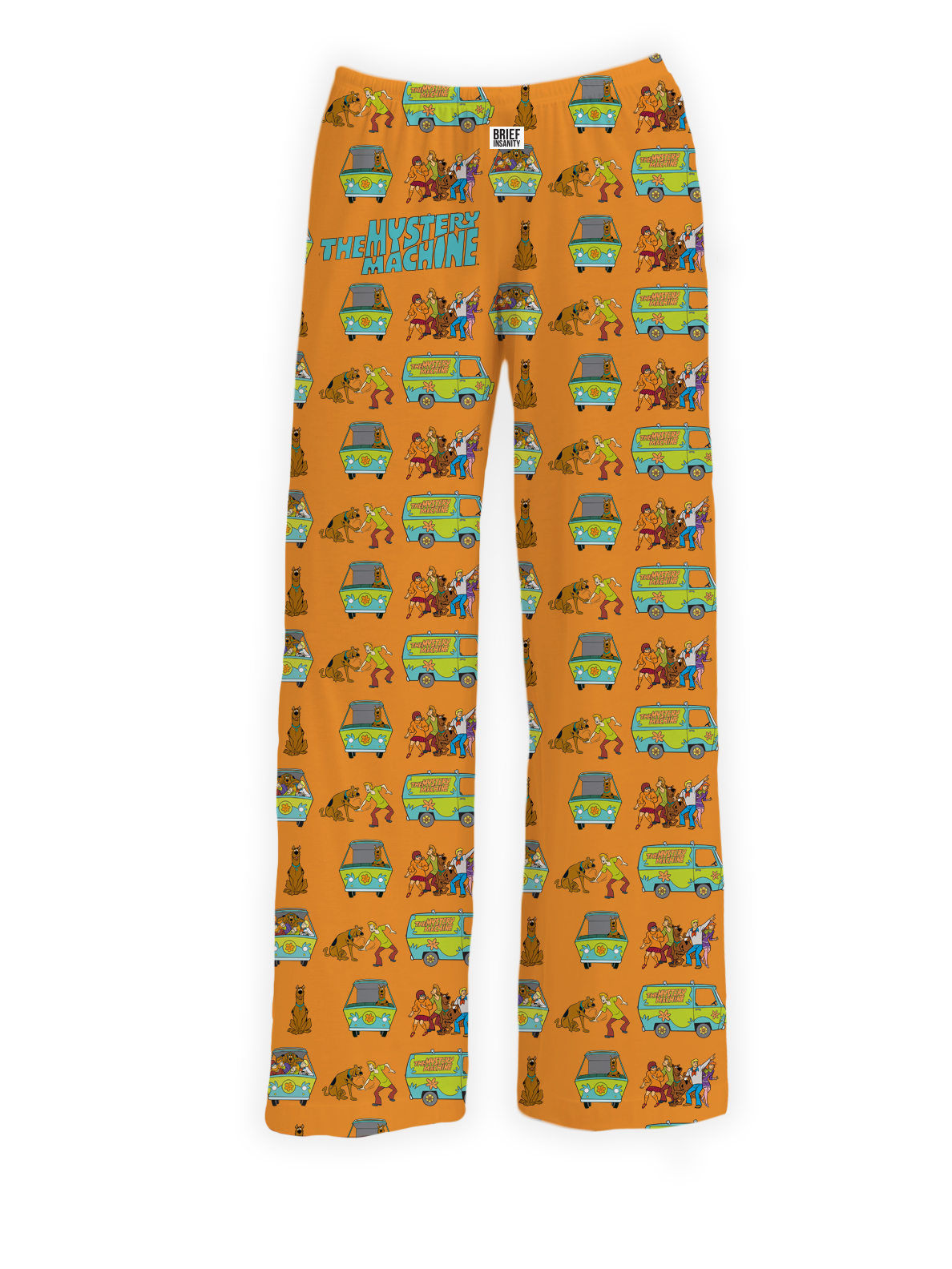 Scooby-Doo Mystery Machine Pajama Pants featuring an allover print of Scooby, Shaggy, Fred, Daphne, Velma, and the iconic Mystery Machine van on a vibrant orange background.