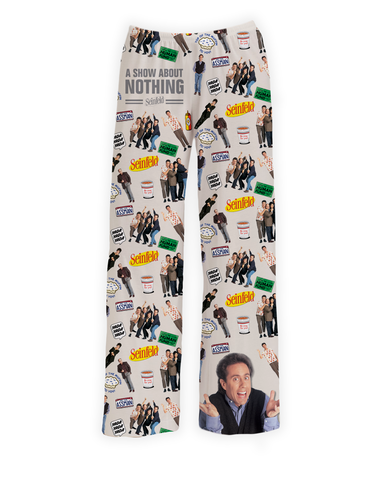 Seinfeld Show Pajama Pants featuring colorful graphics of the main cast, Seinfeld logo, iconic show references, and memorable quotes like 'A Show About Nothing' on a light beige background – Warner Bros. Discovery.