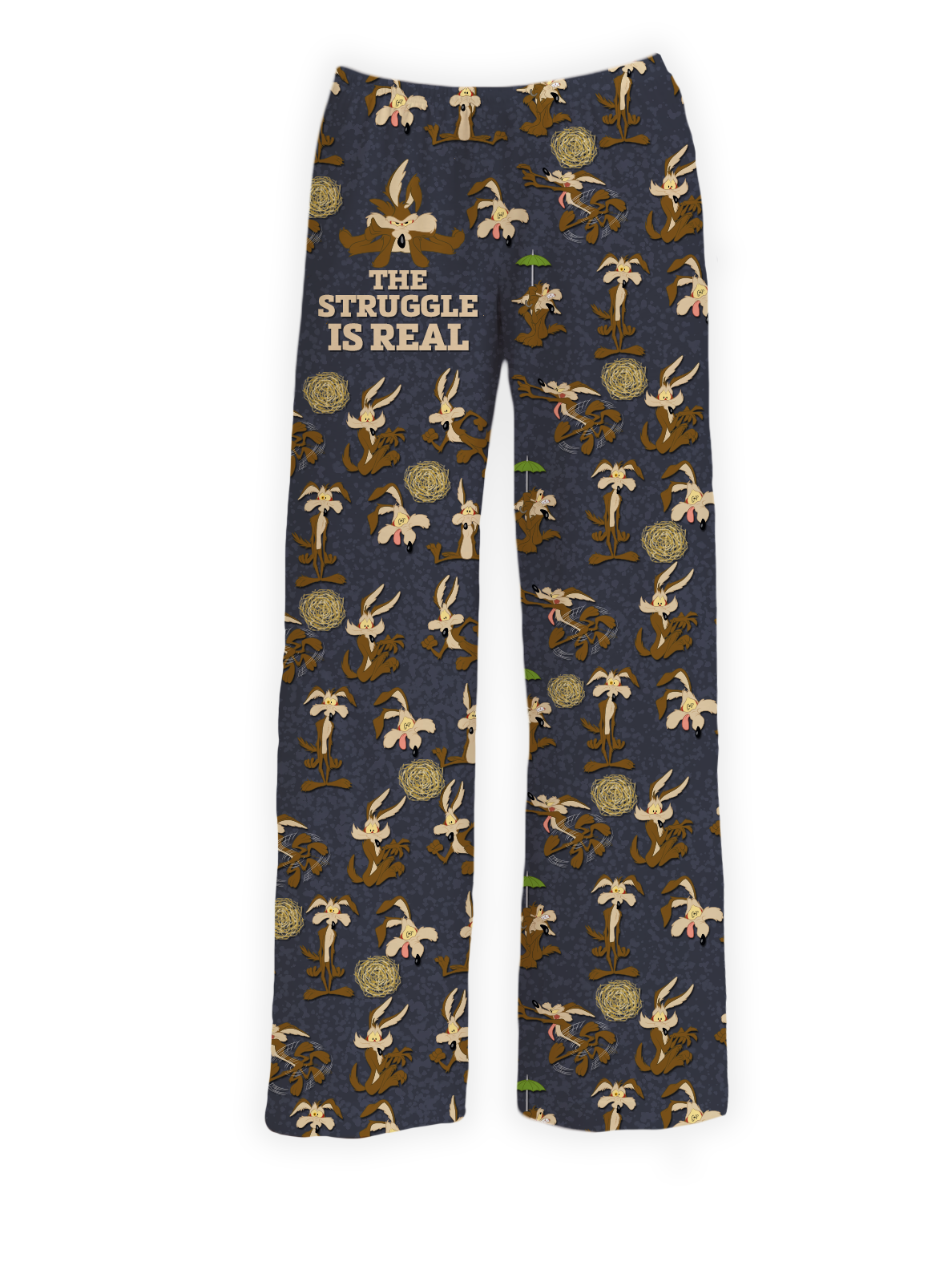 Wile E. Coyote pajama pants with 'The Struggle is Real' text and classic cartoon poses – Warner Bros. Discovery