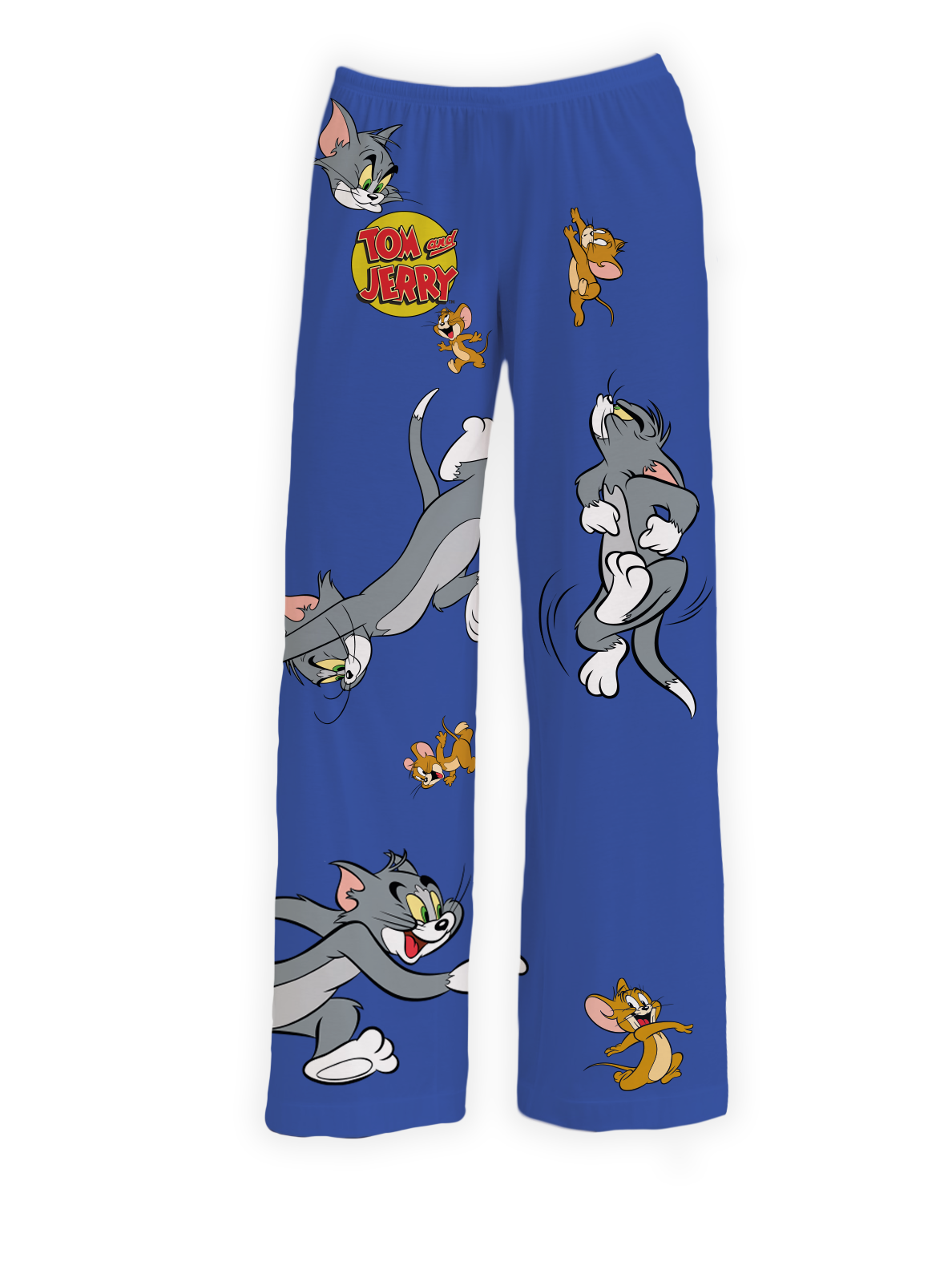 Tom & Jerry Pajama Pants featuring colorful all-over prints of Tom and Jerry in playful chase poses with the Tom & Jerry logo on a vibrant blue background ā Warner Bros. Discovery.