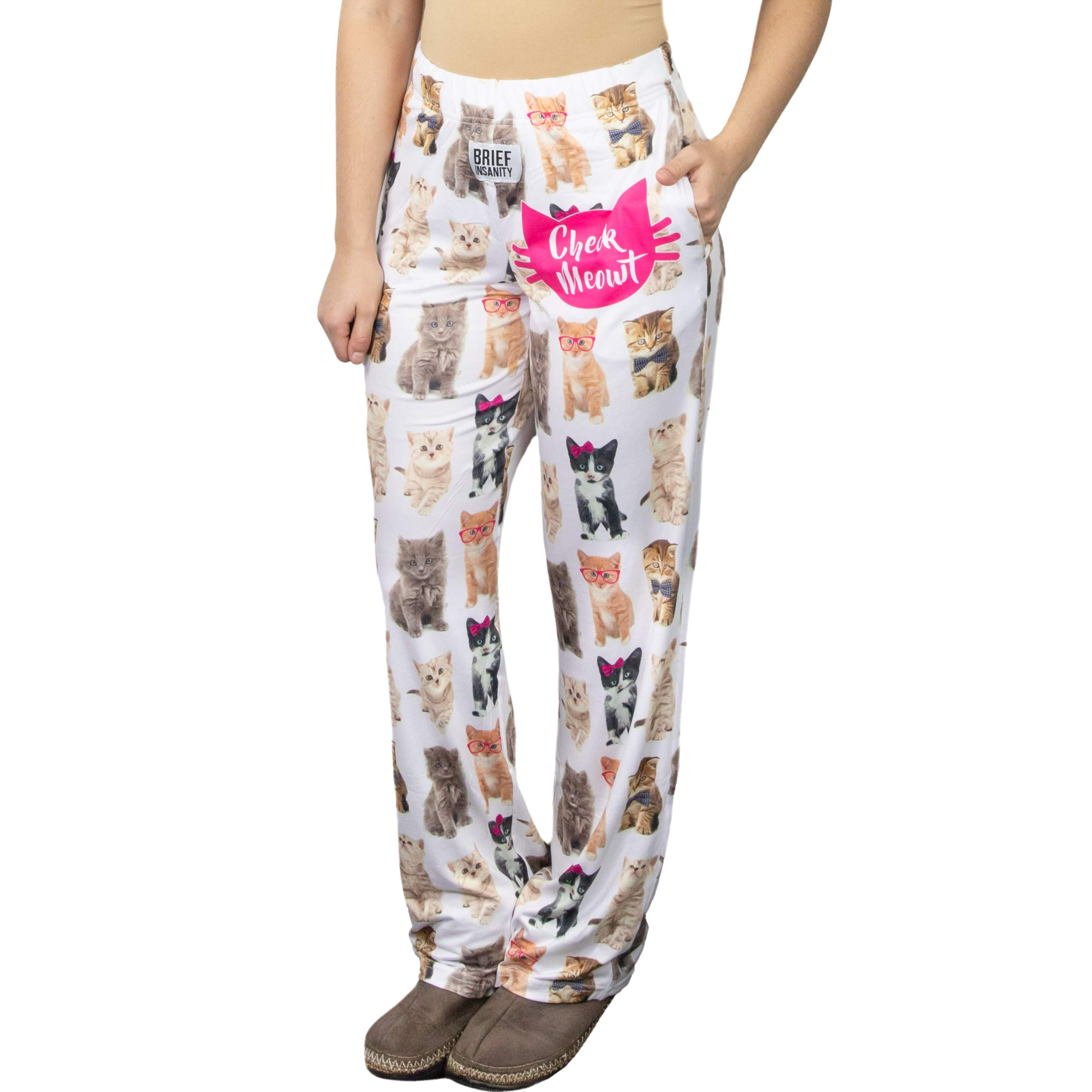 Waist down photo of model wearing Check Meowt pajama lounge pants front view (white background)