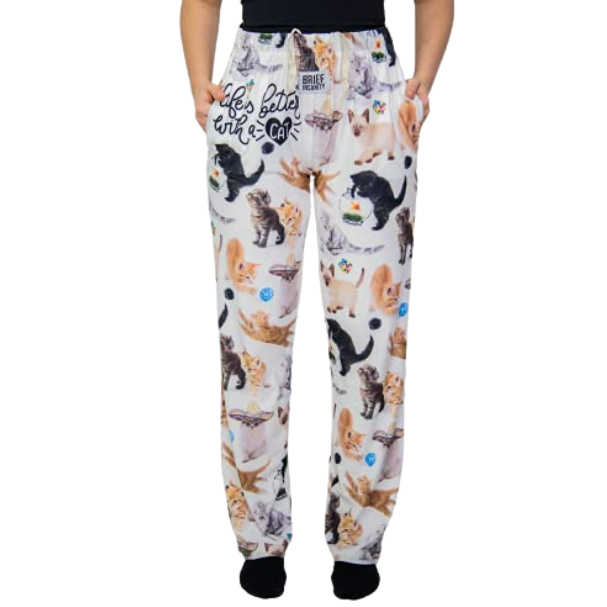 Waist down photo of model wearing Life Is Better With A Cat pajama lounge pants front view (white background)