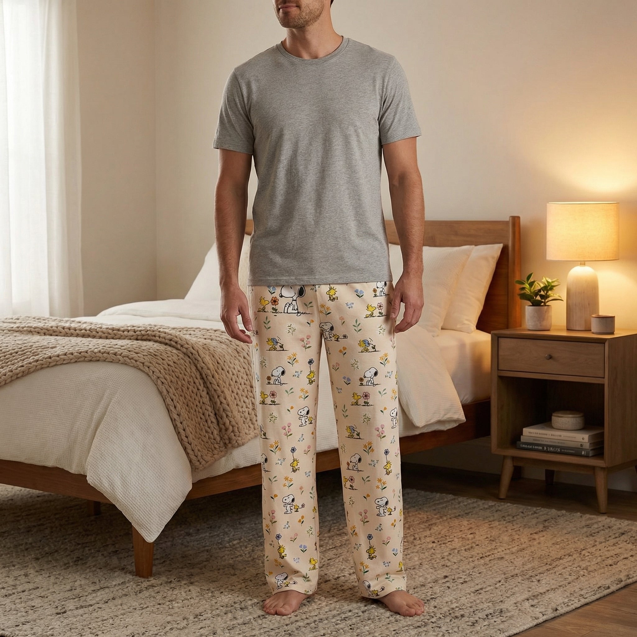 Male model standing in softly lit bedroom wearing Snoopy cottage core lounge pants with floral print, neutral top, relaxed and inviting scene.