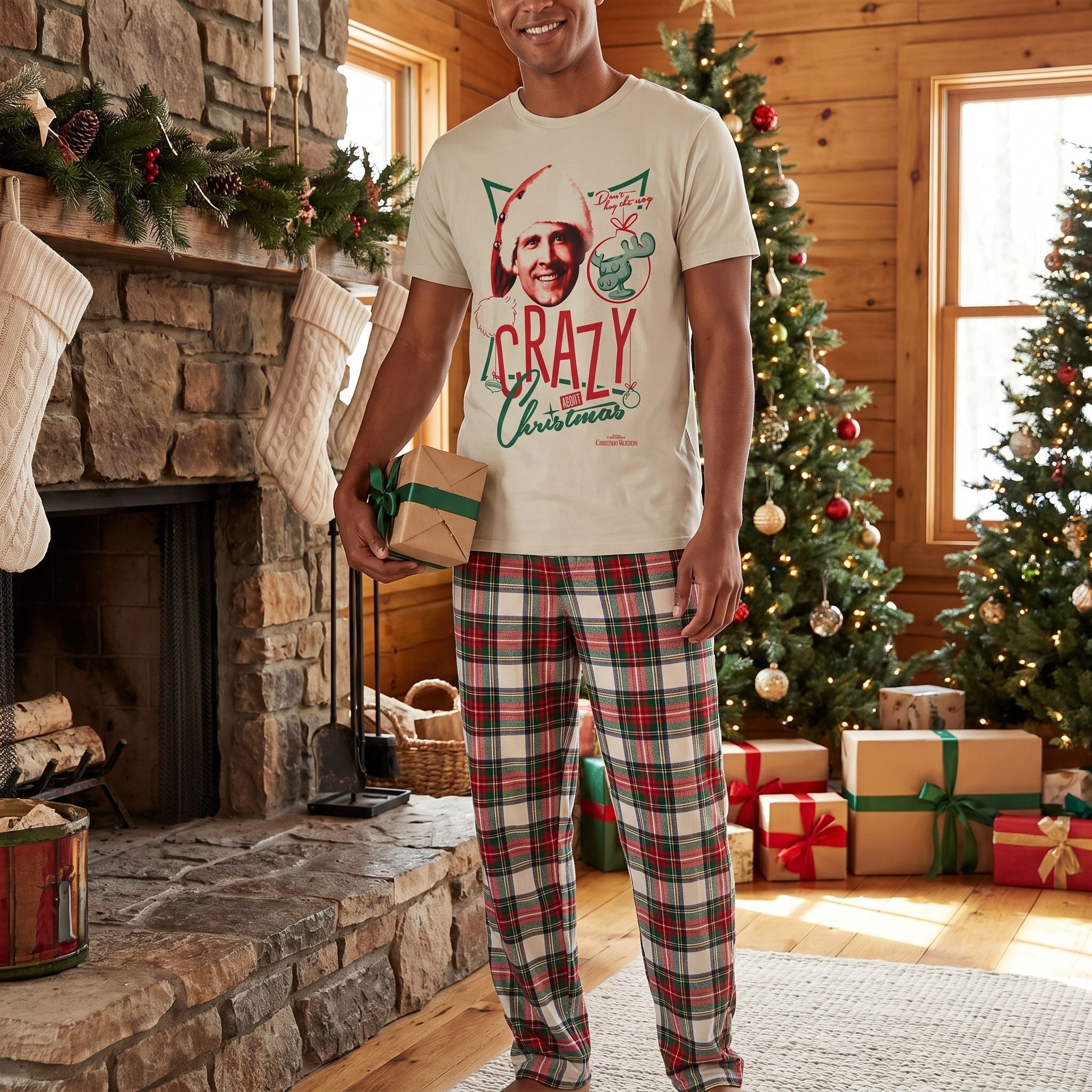 Full-body shot of a model in a festive shirt in a rustic living room with holiday gifts and fireplace, emphasizing comfort and holiday spirit