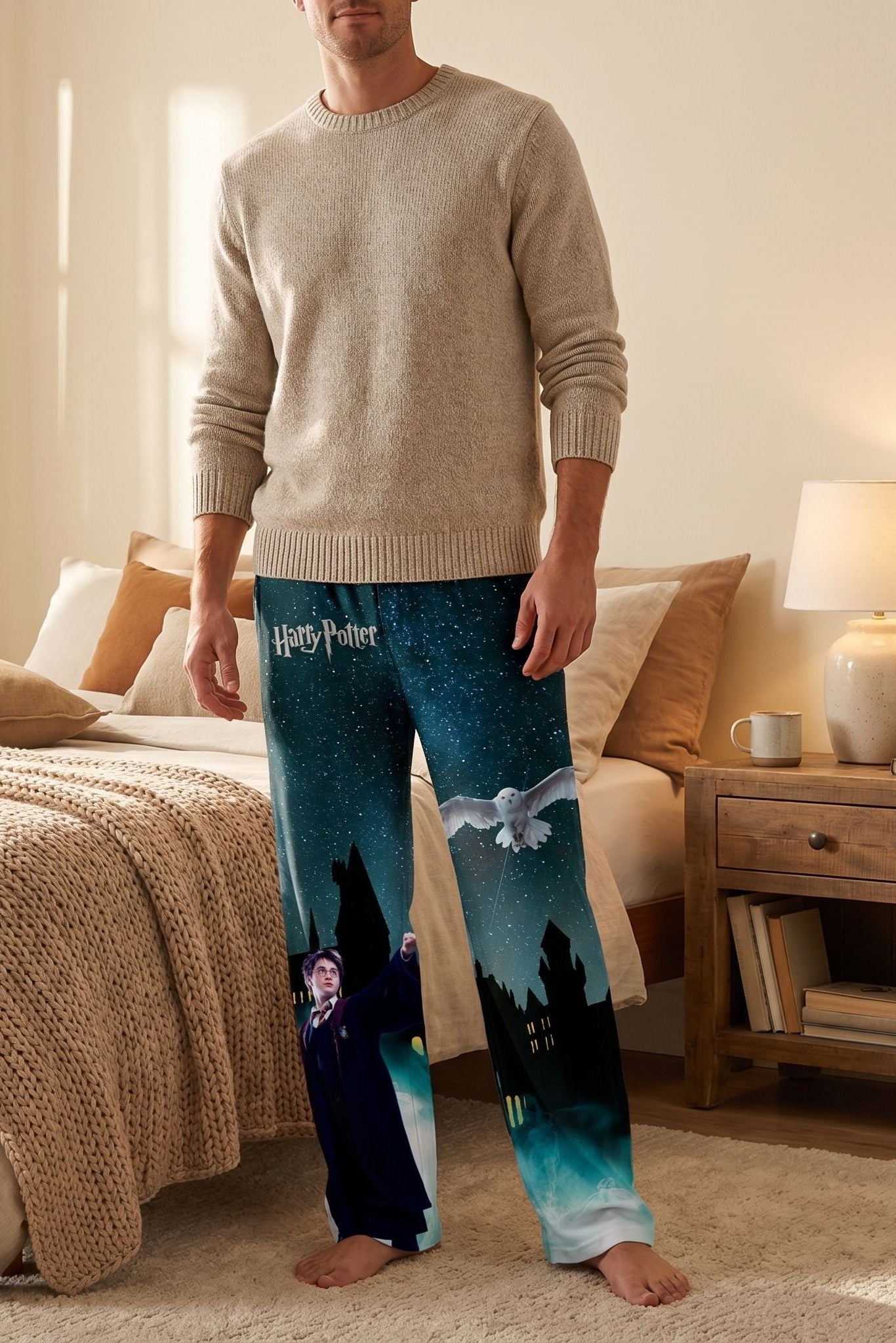 Male model wearing Harry Potter Hedwig's Flight pajama pants in a cozy bedroom setting with warm tones and minimal decor, emphasizing comfort and the detailed print.