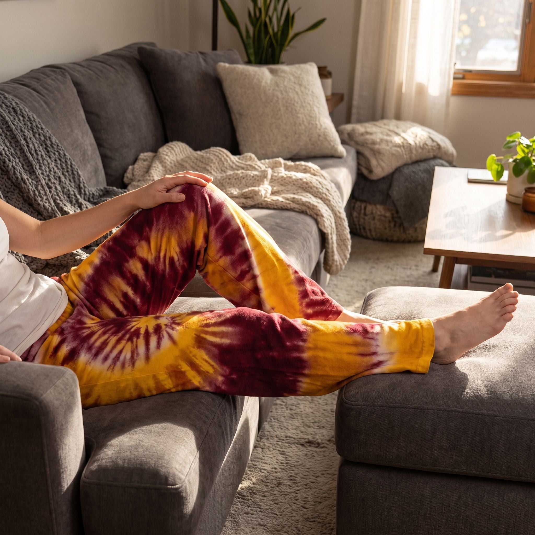 Person lounging on a gray sofa wearing maroon and gold tie dye lounge pants in a cozy, sunlit living room emphasizing comfort and vibrant pattern.