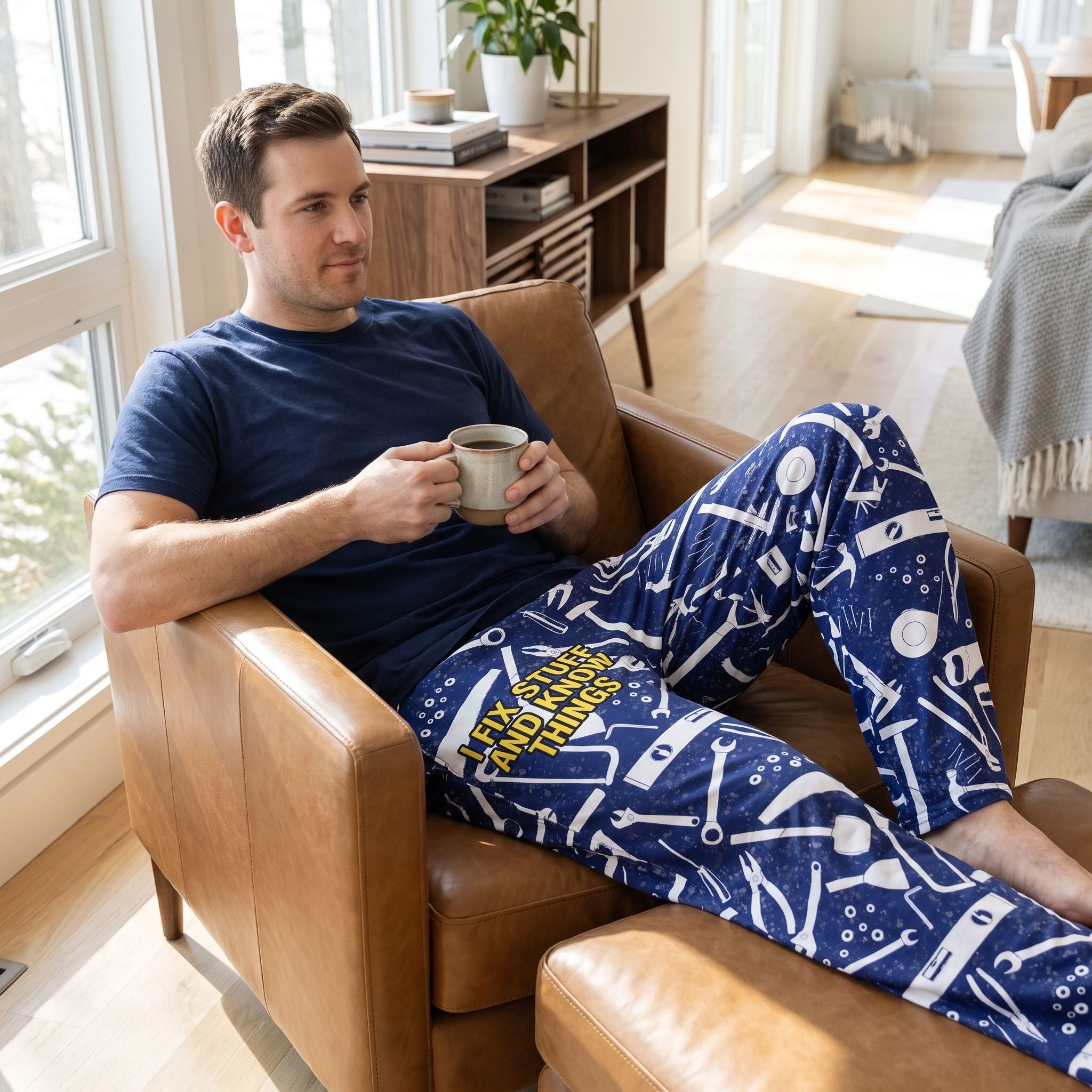 Man relaxing in lounge pants with tool graphics, sitting on a leather recliner with coffee in a bright modern home.