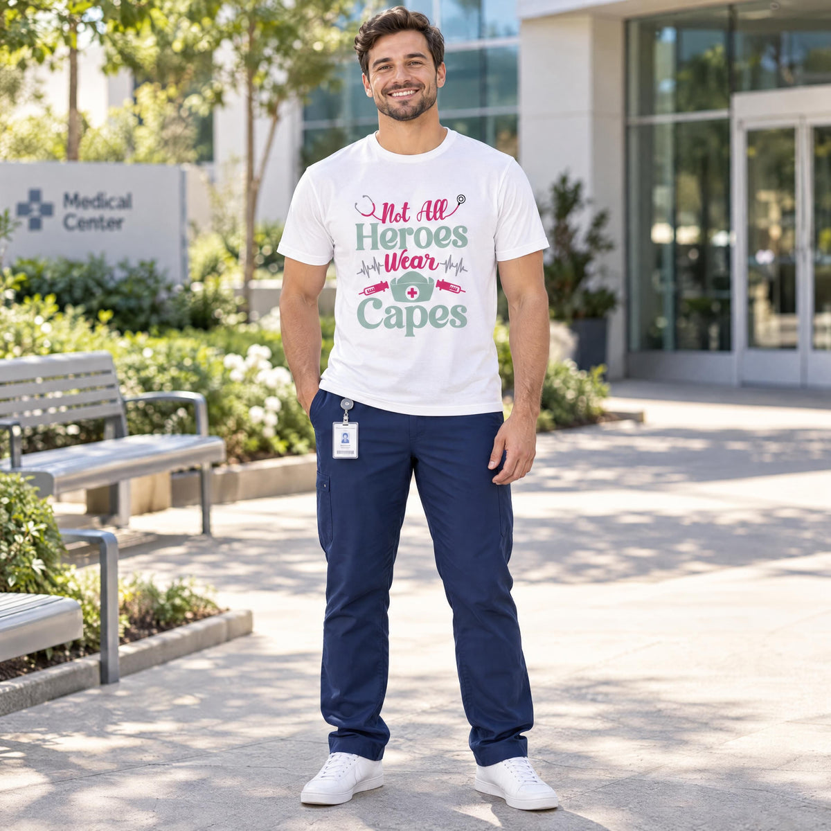 Male nurse wearing a white t-shirt with Not All Heroes Wear Capes graphic and medical icons in a hospital courtyard.