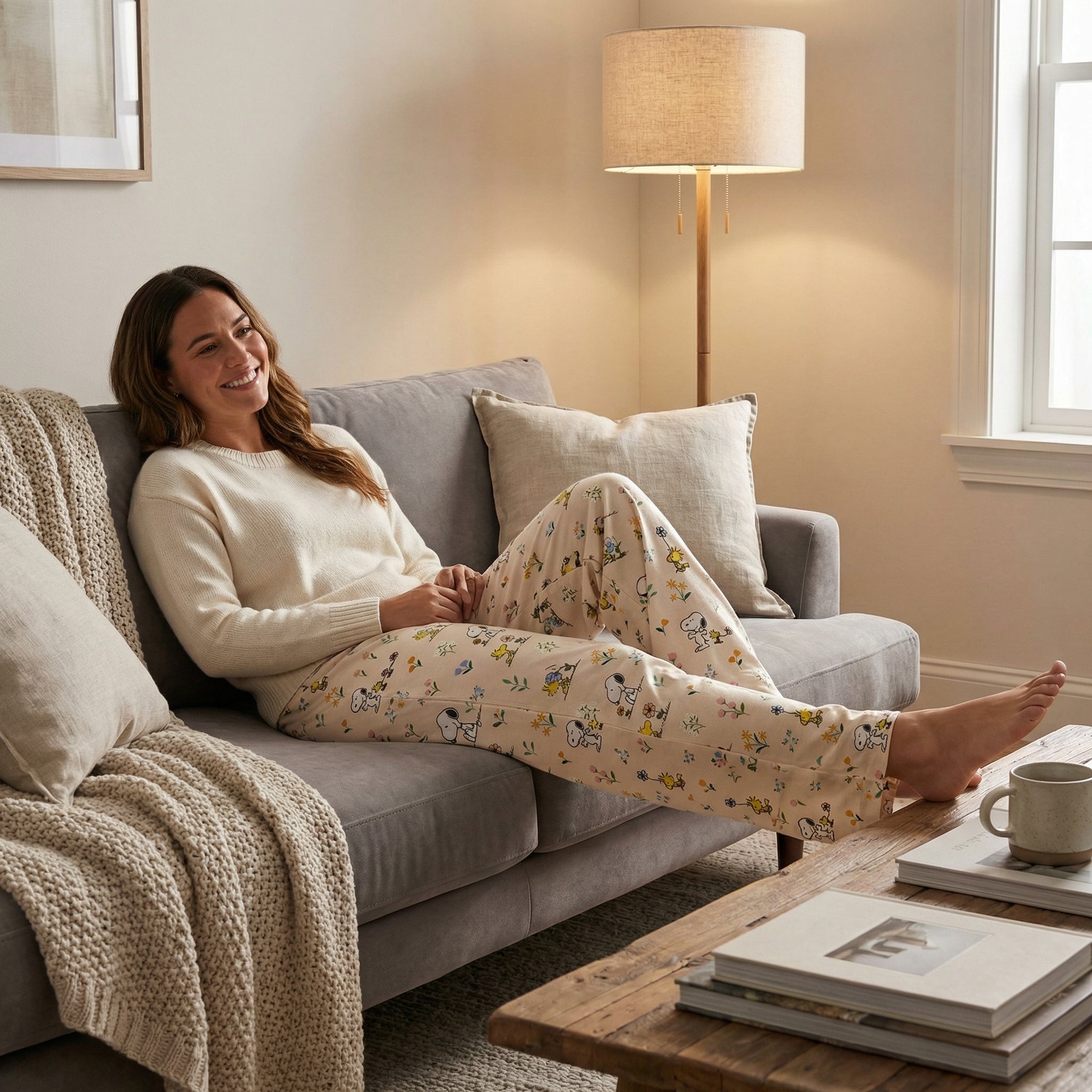 Girl model relaxing on sofa wearing Snoopy Cottage Core lounge pants showcasing floral print and comfortable fit.
