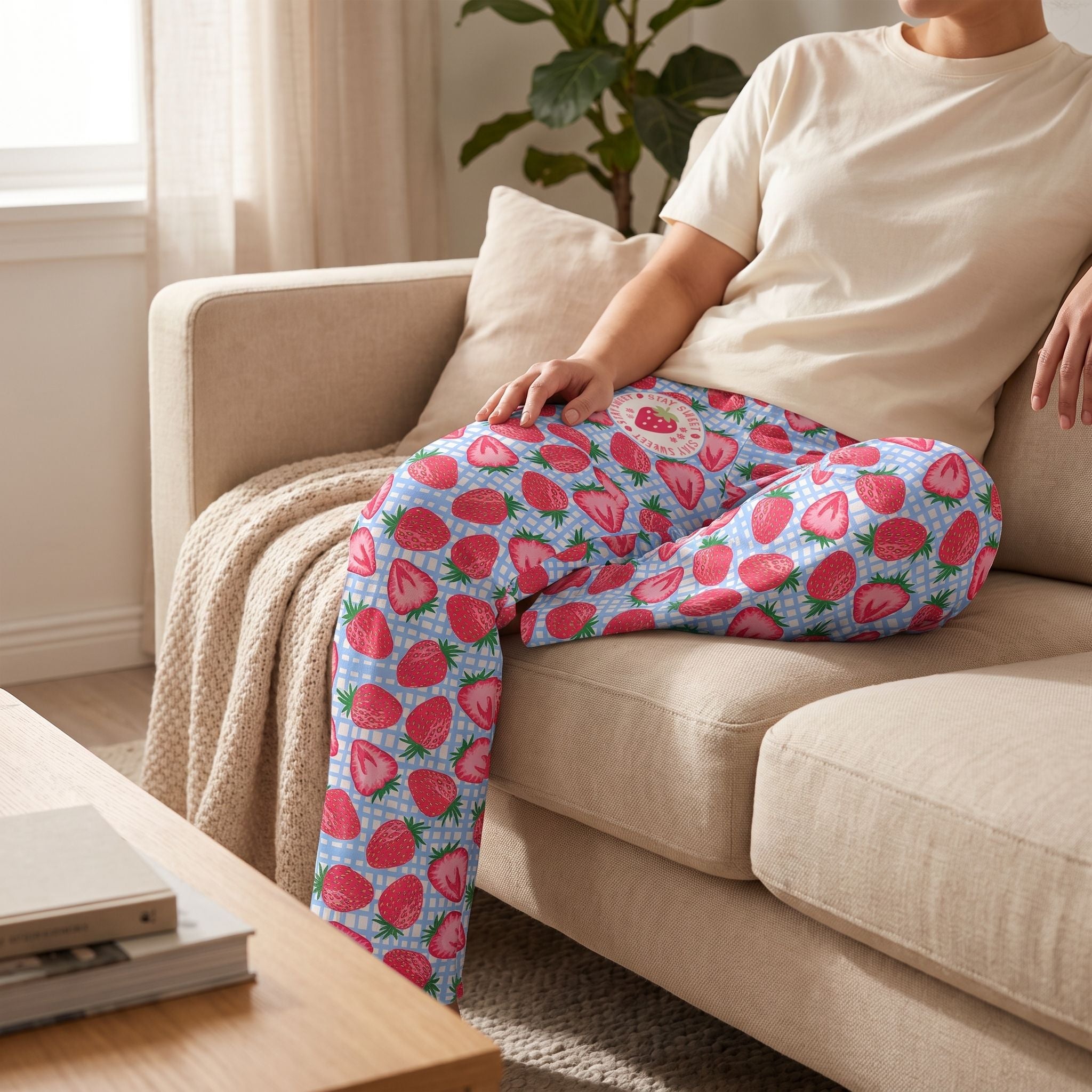 Model relaxing on sofa in strawberry print lounge pants with picnic gingham background, showing comfortable fit and vivid colors in natural light.