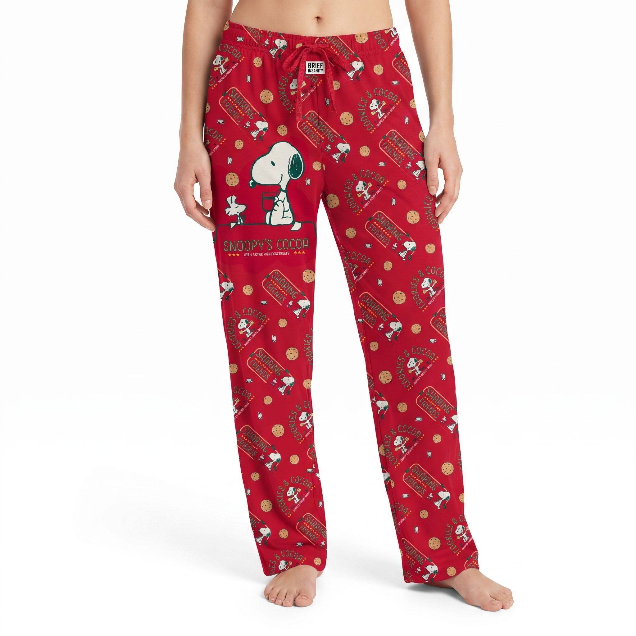 Studio shot of Snoopy Coco Lounge Pants on a white background, fully visible and centered, fabric drape natural, print clear and legible.