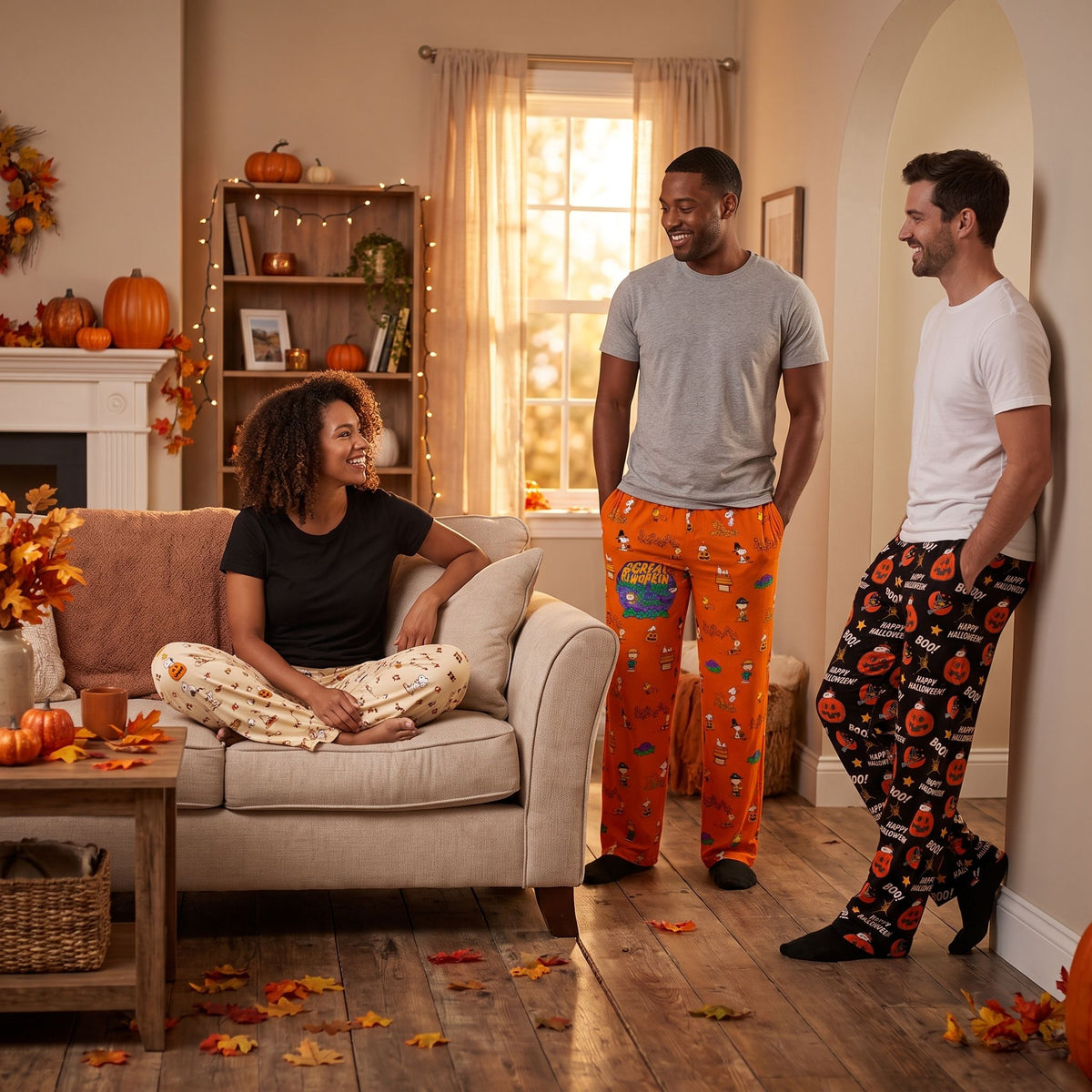 Three models wearing Snoopy themed Halloween lounge pant sets in a cozy living room decorated with fall pumpkins and leaves.