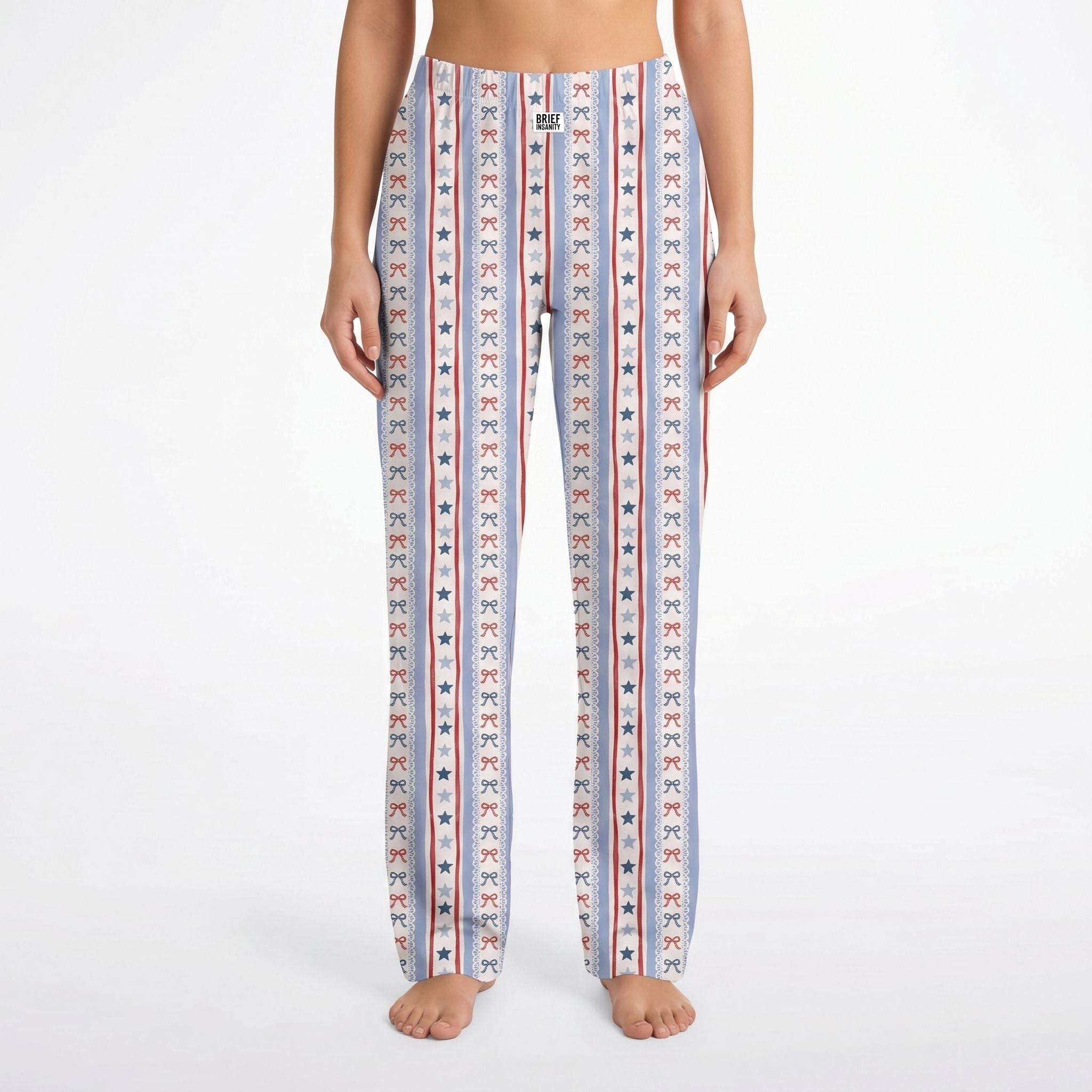 Model wearing USA Bows & Stars Lounge Pants with vibrant star and bow pattern on white background