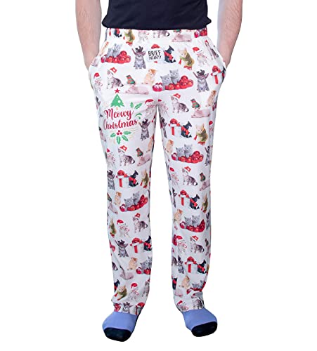 Waist down photo of model wearing Meowy Christmas pajama lounge pants front view (white background)