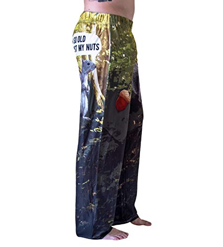 Waist down photo of model wearing I'm So Old I Lost My Nuts pajama lounge pants side view (white background)