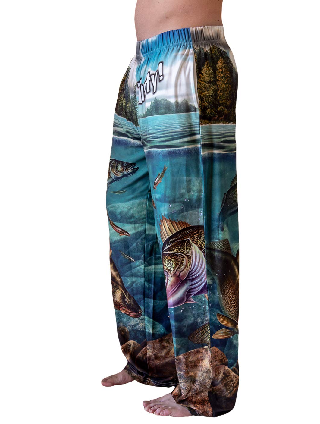 Waist down photo of model wearing Walleye, Tasty! pajama lounge pants side view (white background)