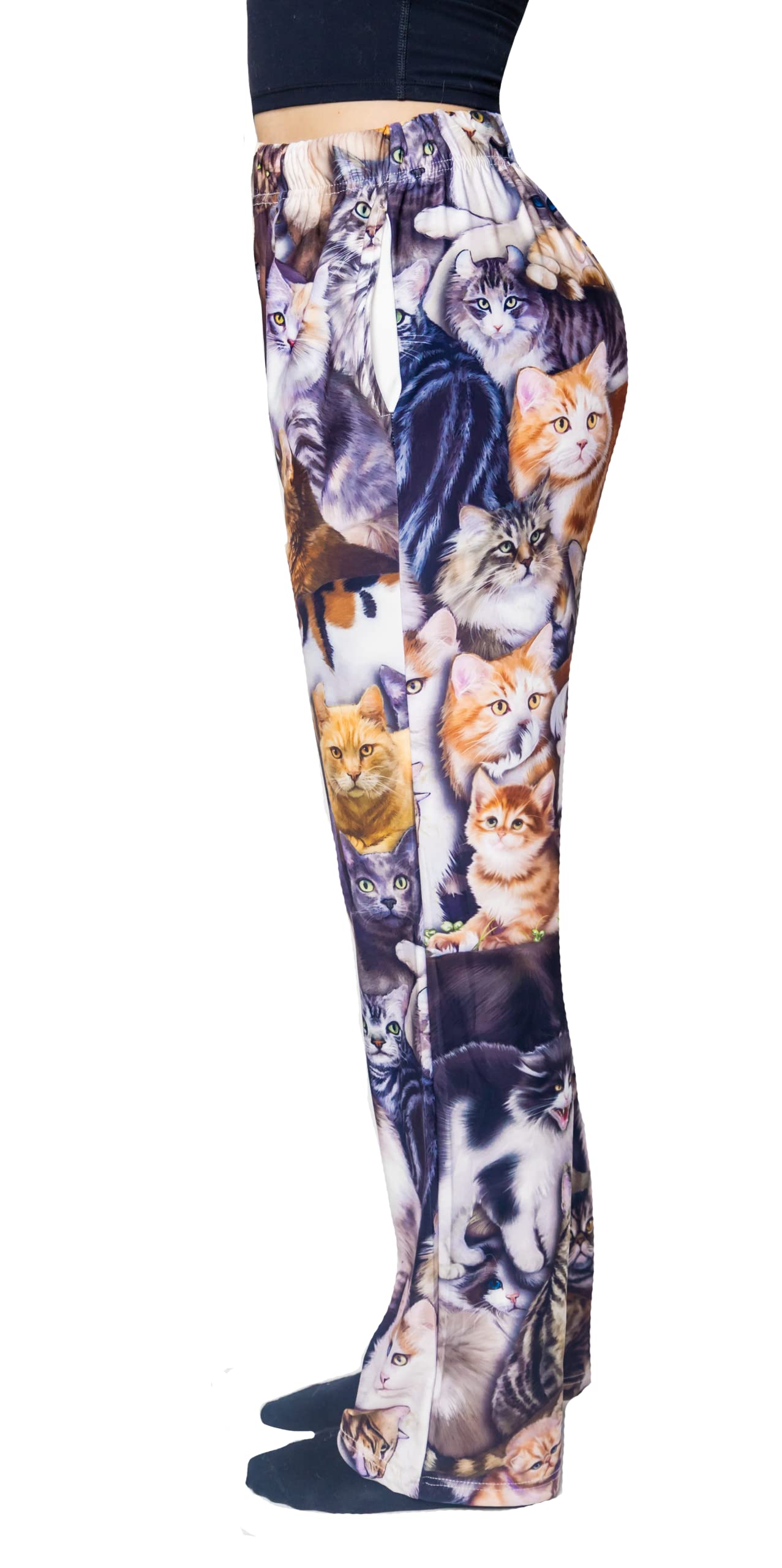 Waist down photo of model wearing All Over Cat pajama lounge pants side view (white background)