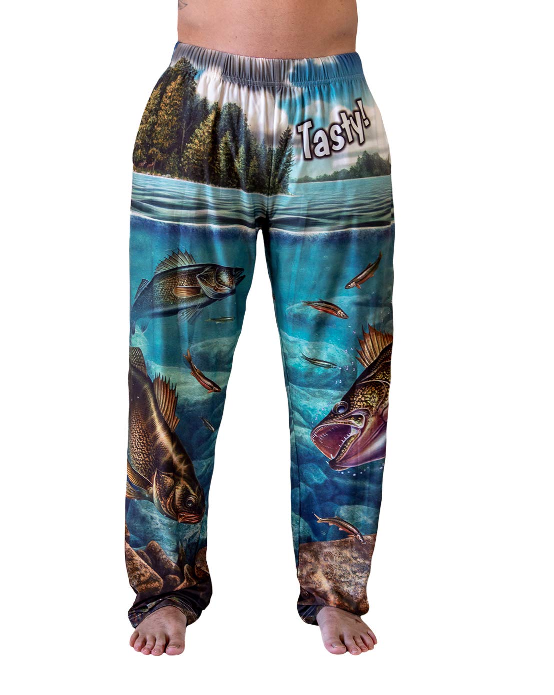 Waist down photo of model wearing Walleye, Tasty! pajama lounge pants front view (white background)