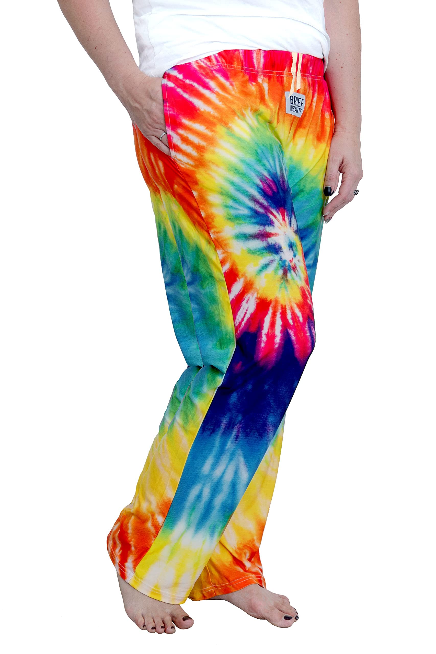 Waist down photo of model wearing Rainbow Tie-Dye pajama lounge pants front/side view #1 (white background)